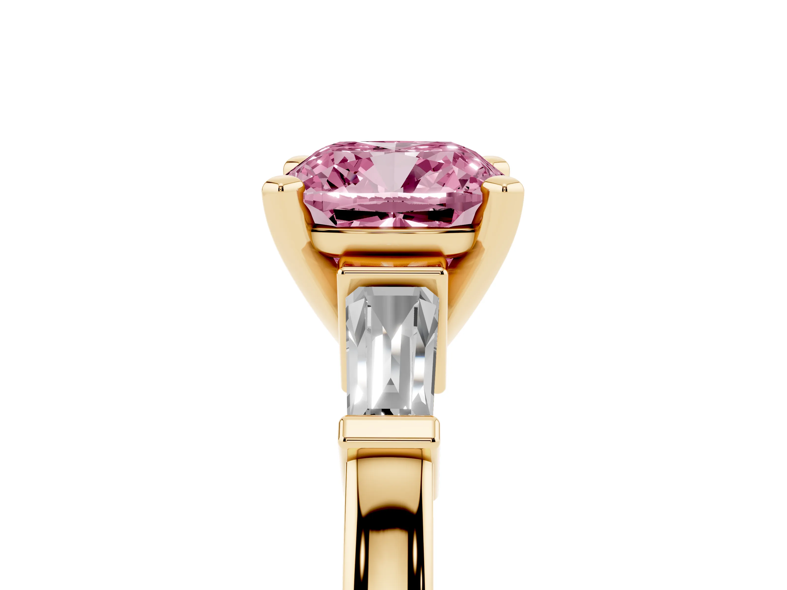 Fancy Pink Cushion Cut Diamond Solitaire Ring Set in Yellow gold with Tapered Baguette Accents and Prong Setting