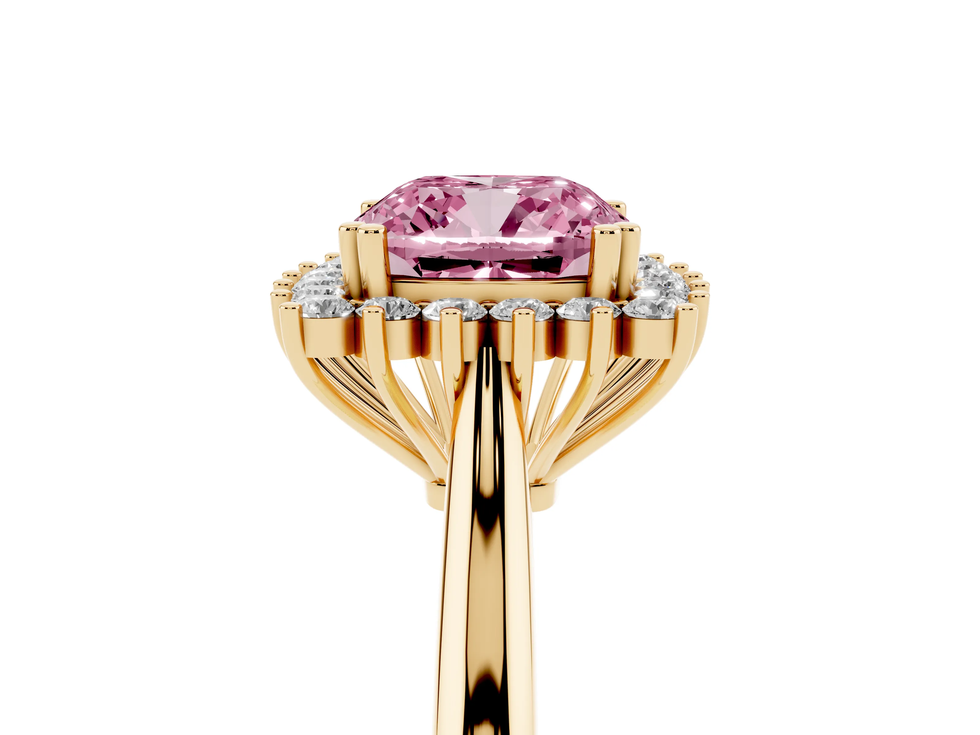 Fancy Pink Cushion Cut Diamond Halo Ring Set in Yellow gold with Plain Solitaire Band and Prong Setting