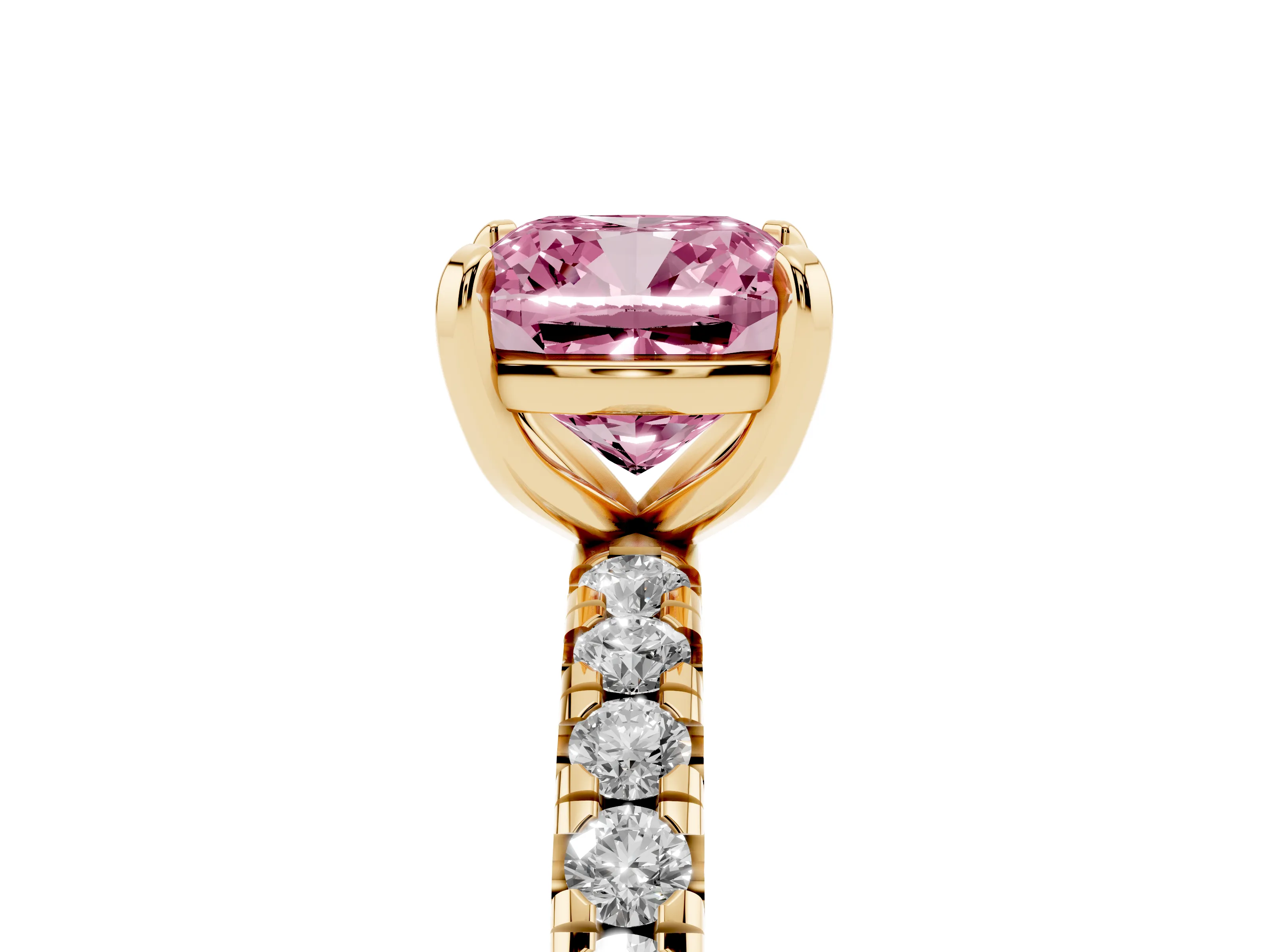 Fancy Pink Cushion Cut Diamond Pavé Solitaire Ring Set in Yellow gold with Round Band and Prong Setting