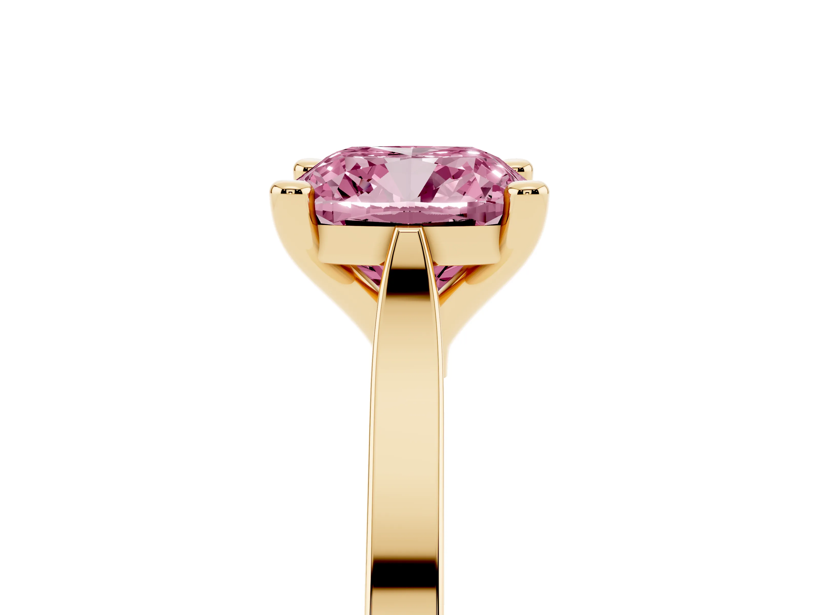 Fancy Pink Cushion Cut Diamond Solitaire Ring Set in Yellow gold with Prong Setting and Tapered Band