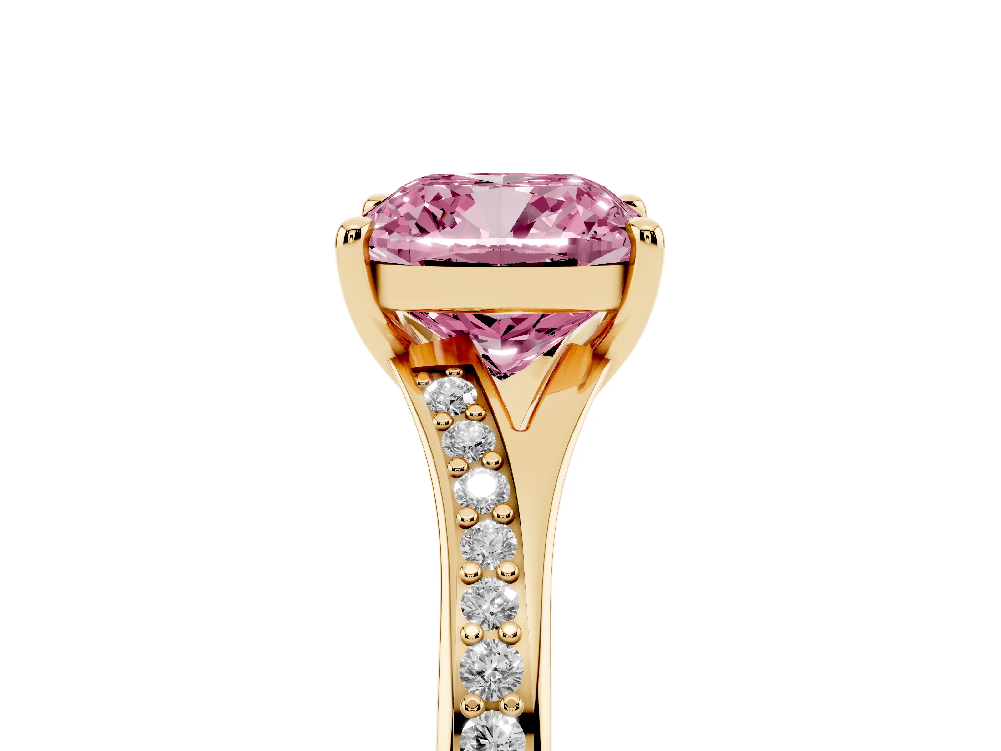 Fancy Pink Cushion Cut Diamond Solitaire Ring Set in Yellow gold with Pavé Accent Band and Classic Prong Setting