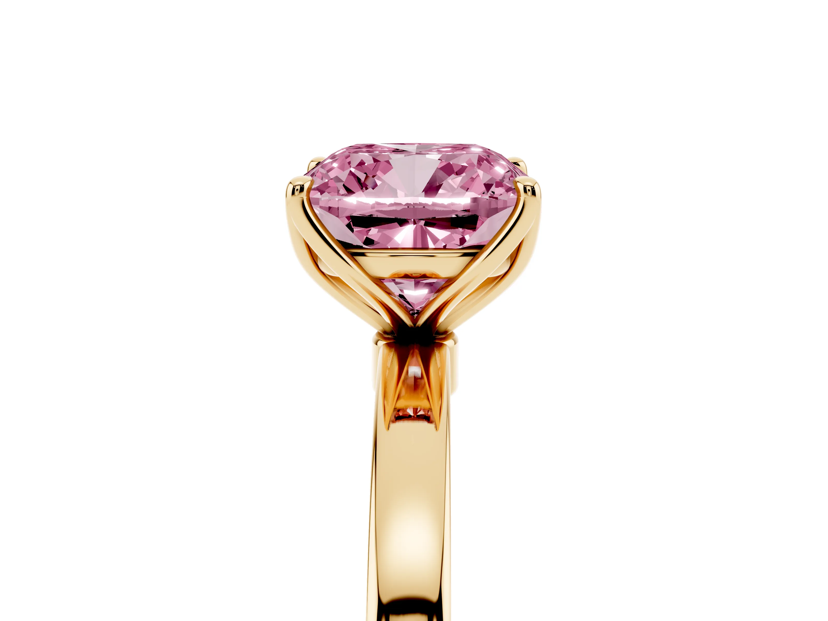 Fancy Pink Cushion Cut Diamond Solitaire Ring Set in Yellow gold with Prong Setting and Thin Polished Band