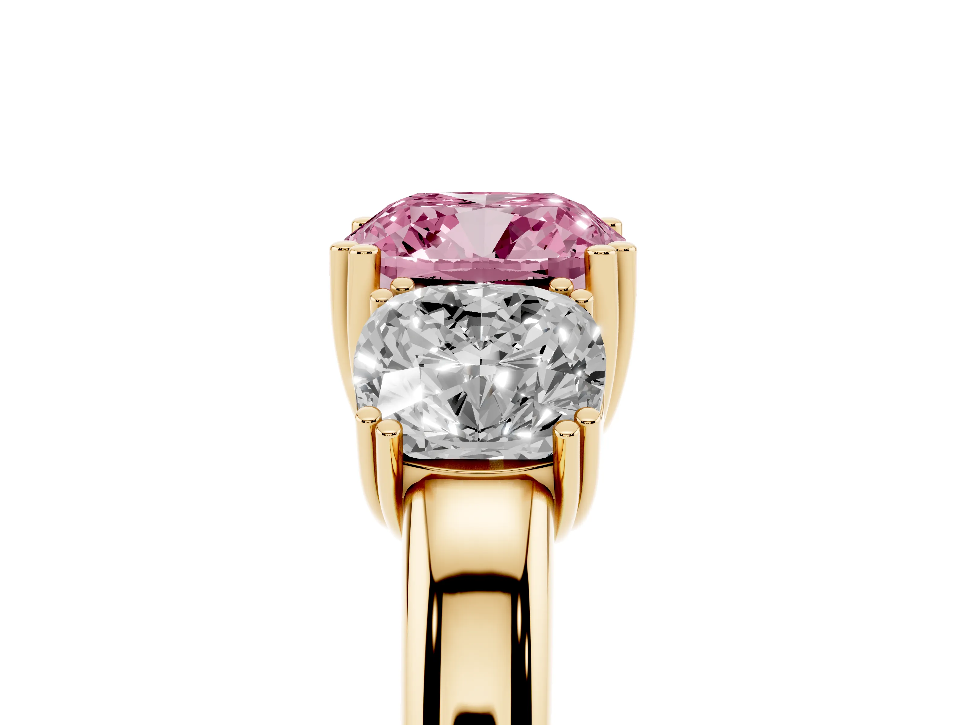 Fancy Pink Cushion Cut Diamond Three-Stone Ring Set in Yellow gold with Polished Band and Prong Setting