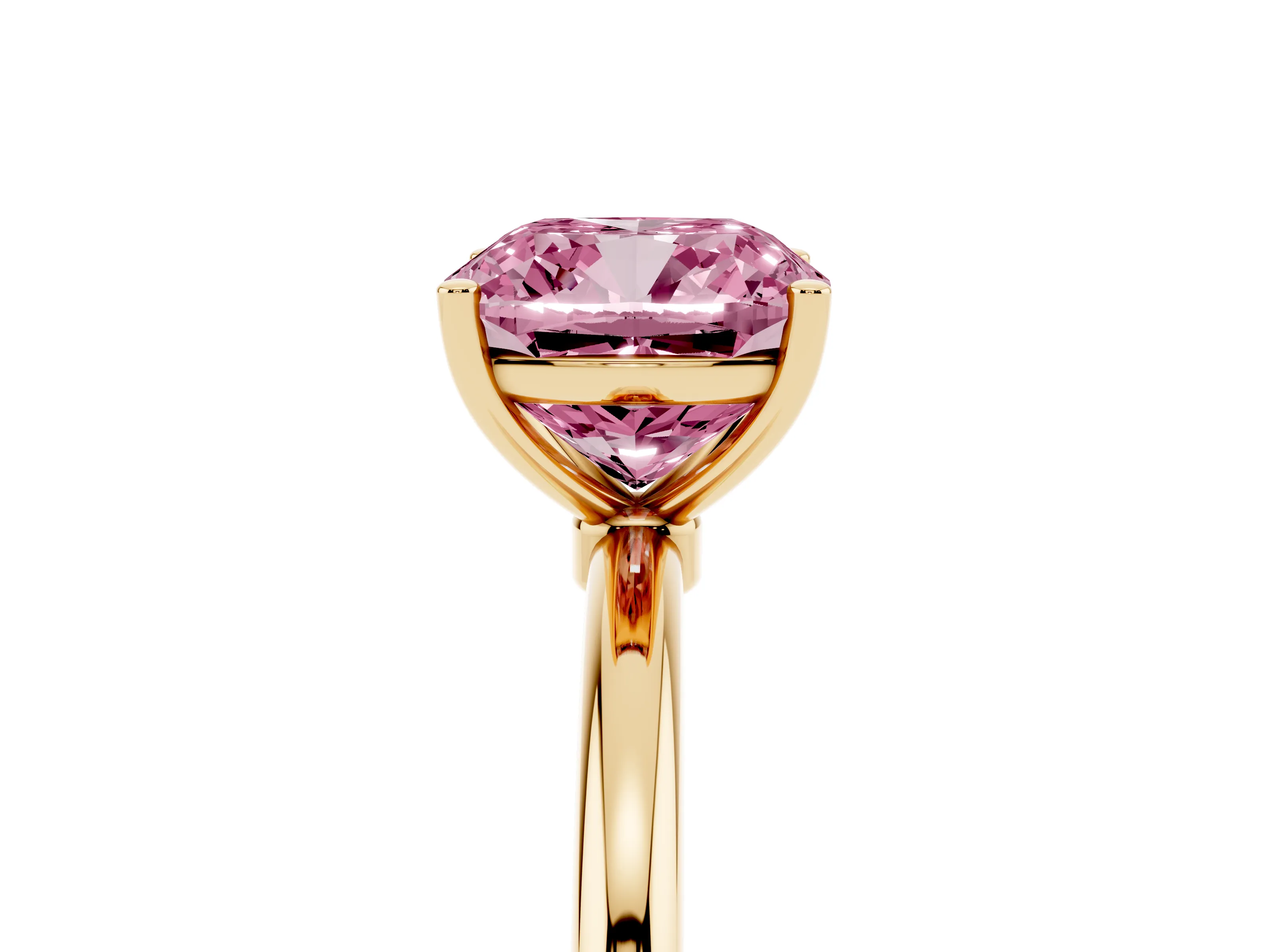 Fancy Pink Cushion Cut Diamond Solitaire Engagement Ring Set in Yellow gold with Thin Band and Prong Setting
