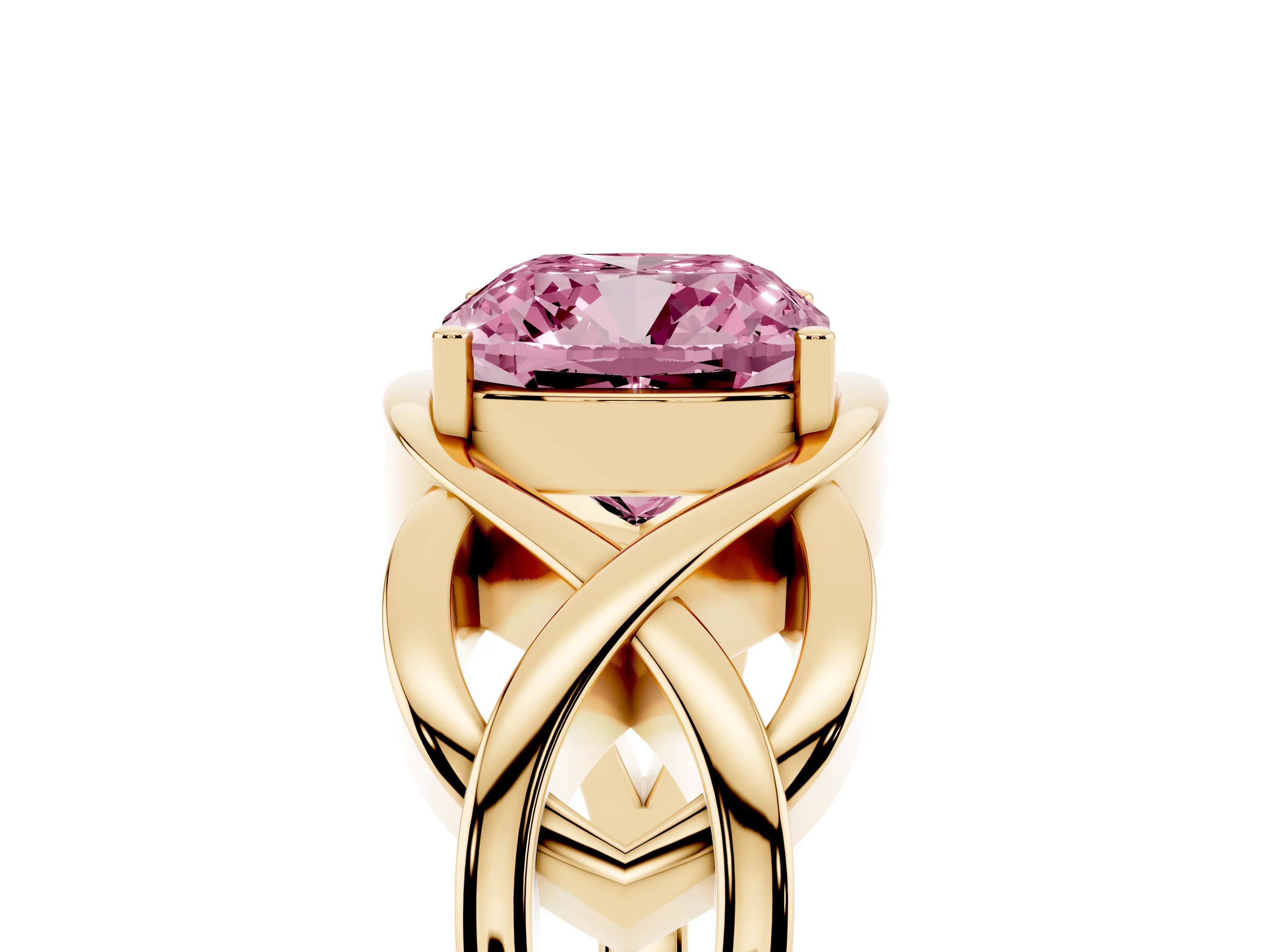 Fancy Pink Cushion Cut Diamond Solitaire Ring Set in Yellow gold with Intertwined Band