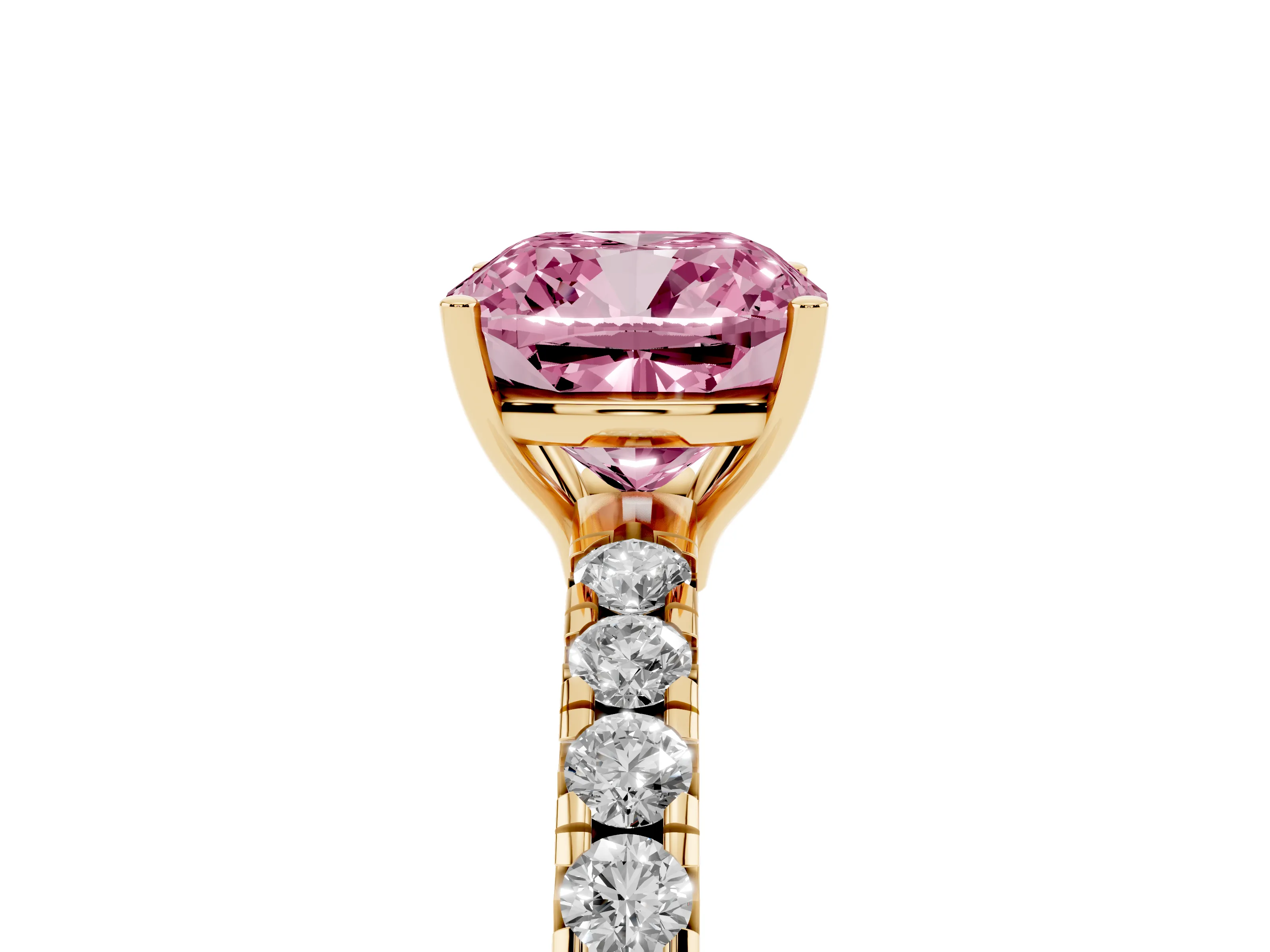 Fancy Pink Cushion Cut Diamond Pavé Solitaire Engagement Ring Set in Yellow gold with Prong Setting