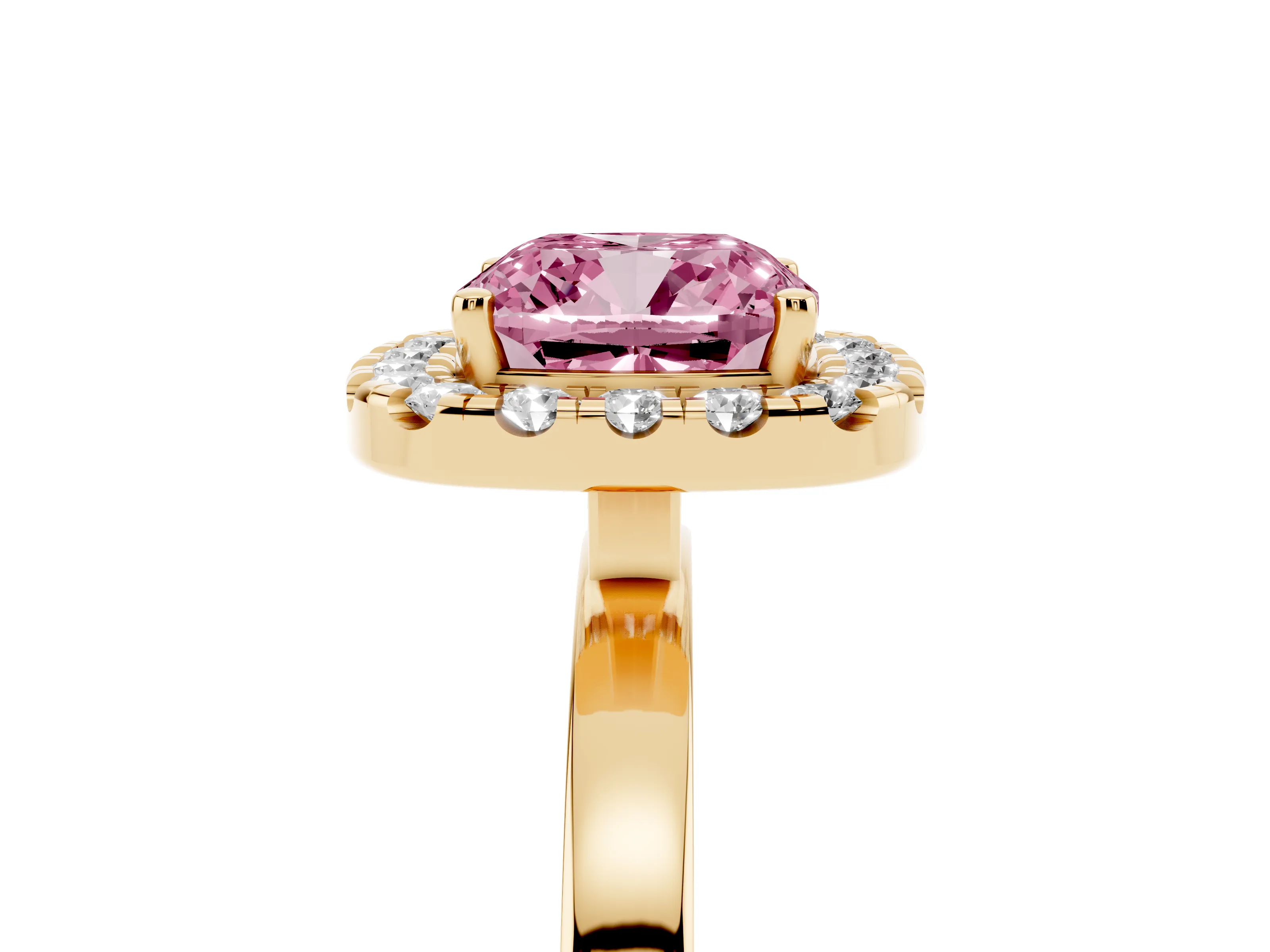 Fancy Pink Cushion Cut Diamond Halo Solitaire Ring Set in Yellow gold with Pavé Band and Prong Setting