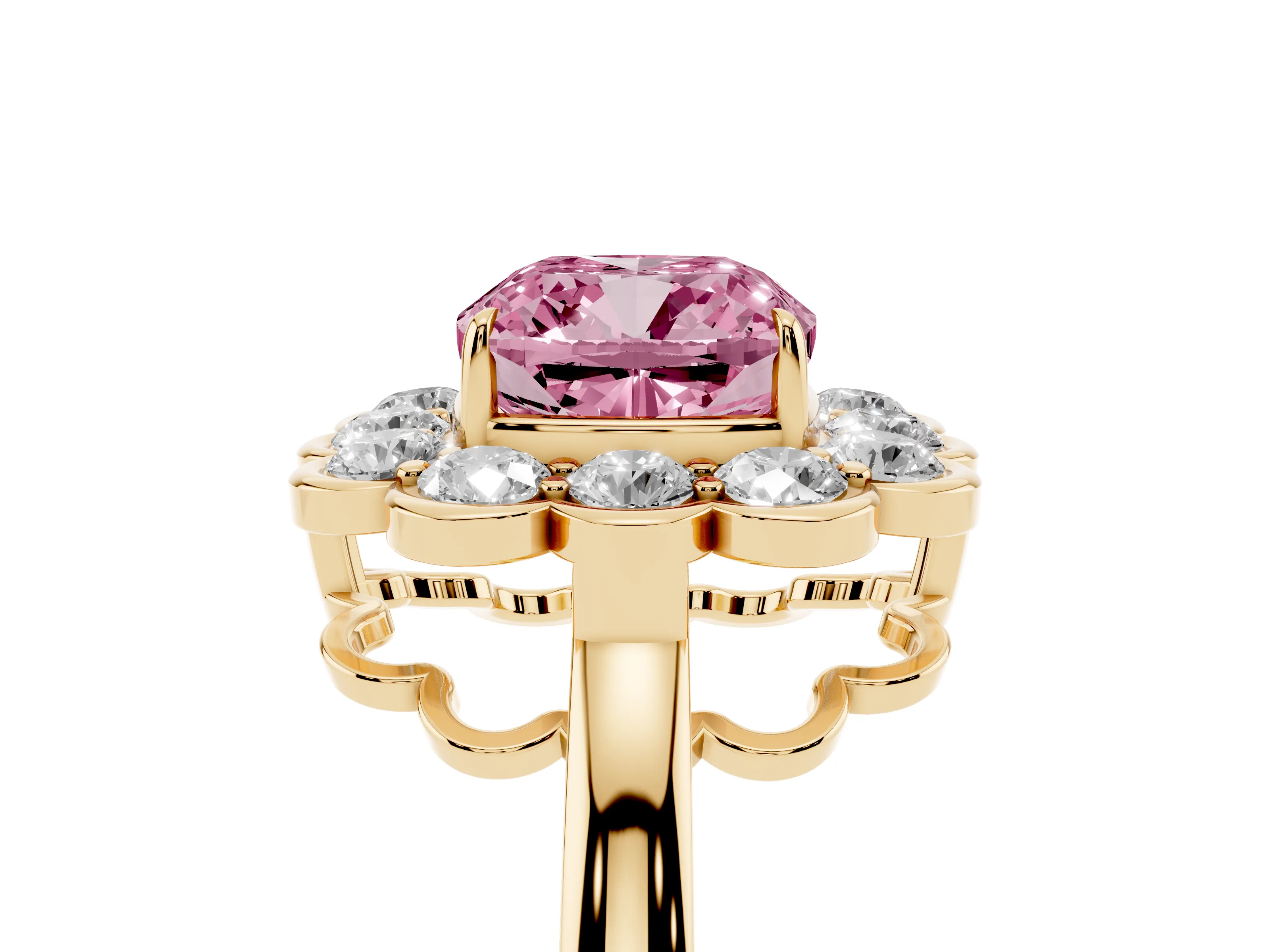 Fancy Pink Cushion Cut Diamond Halo Cluster Engagement Ring Set in Yellow gold with Solitaire Band and Prong Setting