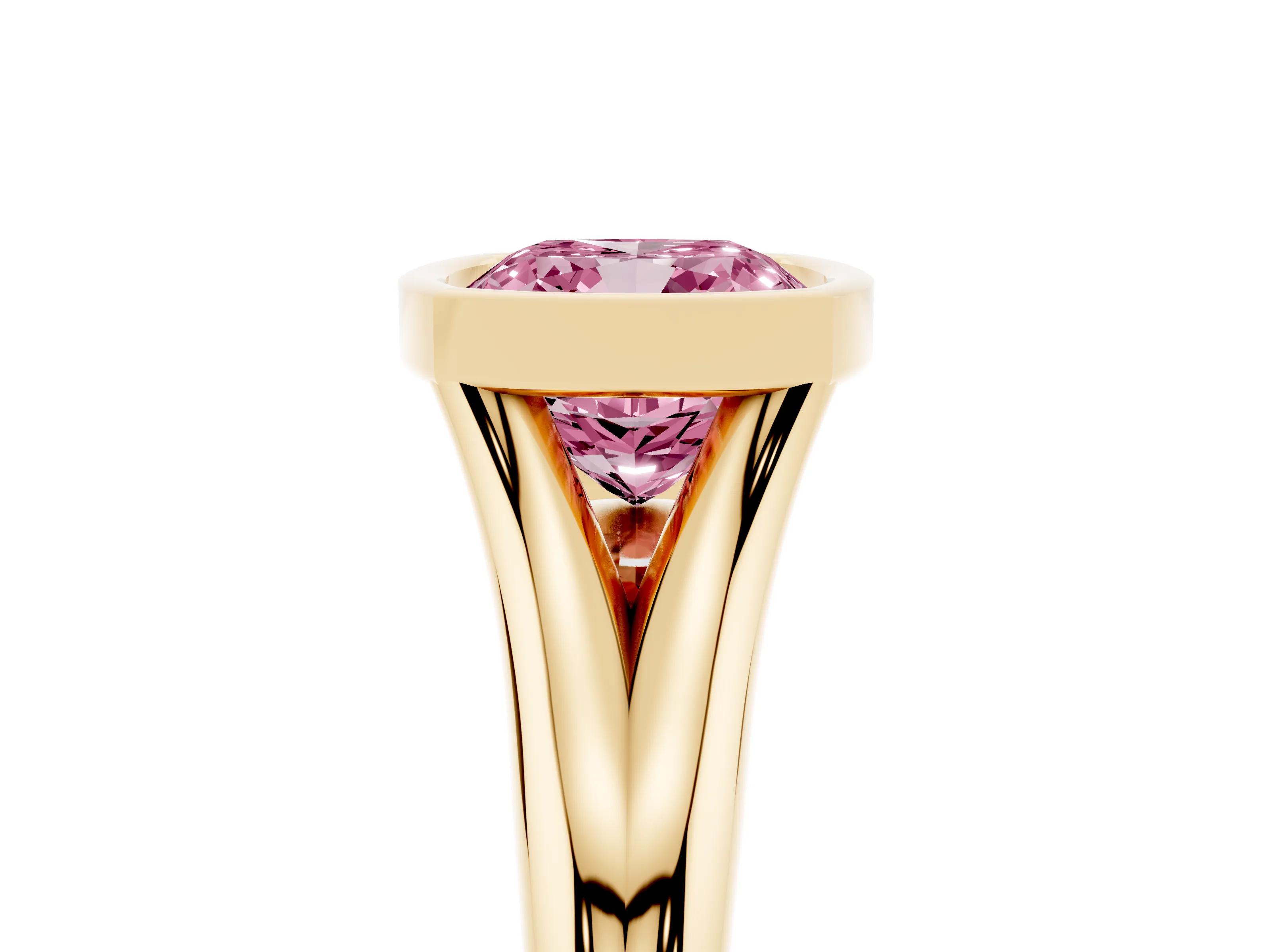 Fancy Pink Bezel Set Cushion Cut Diamond Solitaire Ring Set in Yellow gold with Smooth Band