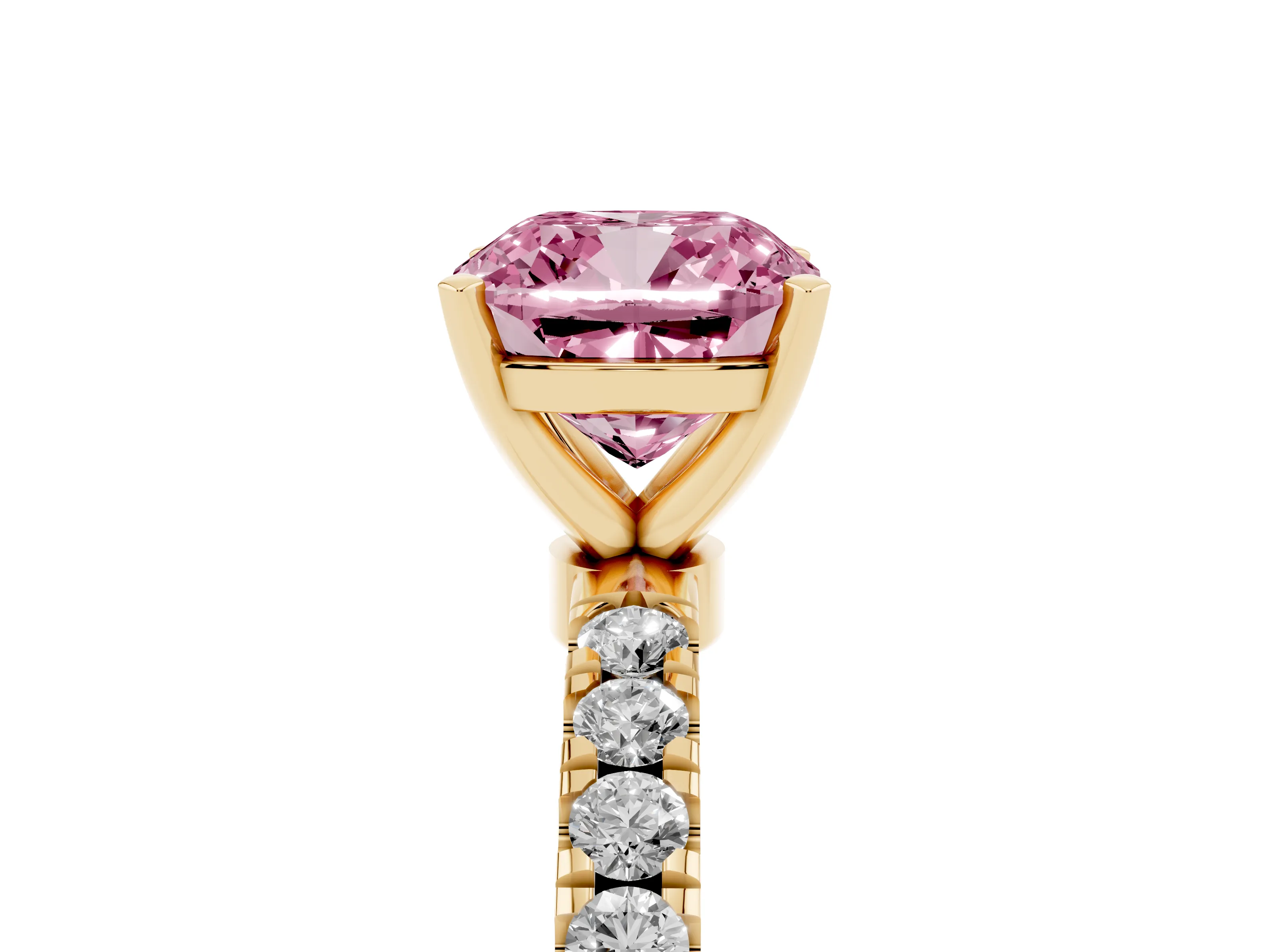 Fancy Pink Cushion Cut Diamond Solitaire Ring Set in Yellow gold with Pavé Accents and Prong Setting