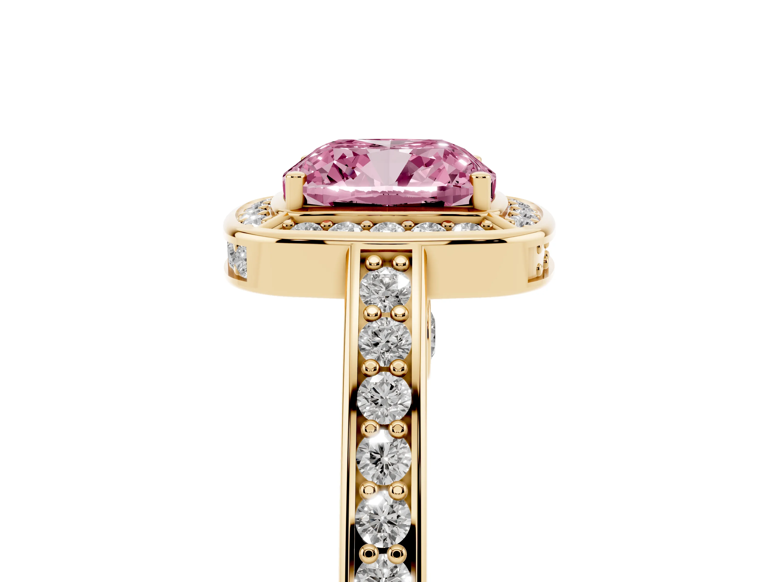 Fancy Pink Cushion Cut Diamond Halo Pavé Split Shank Ring Set in Yellow gold with Prong Setting