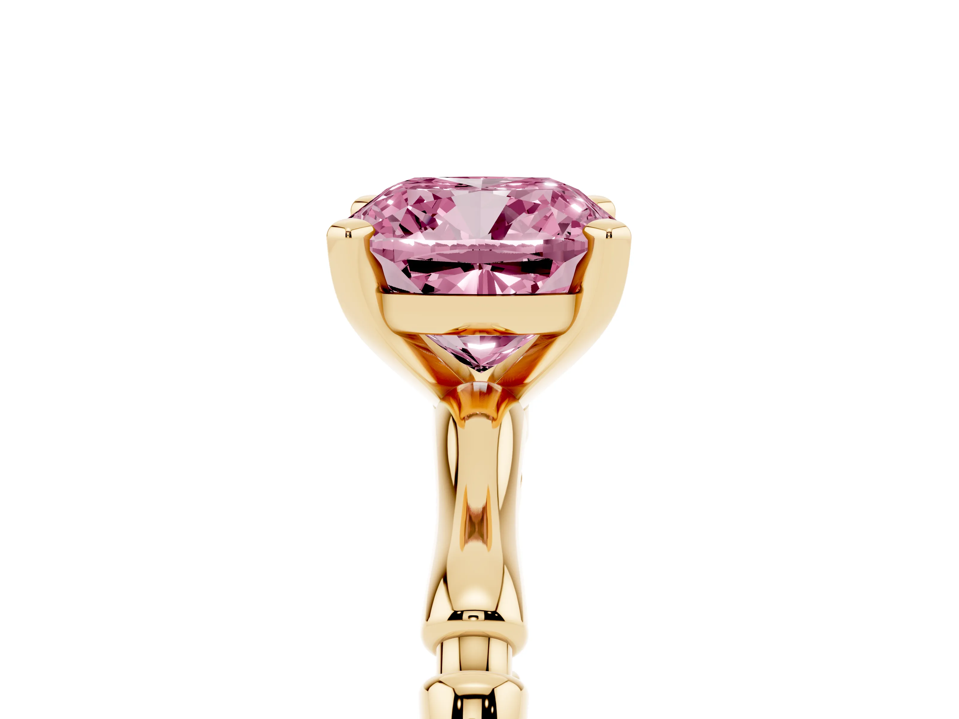 Fancy Pink Cushion Cut Diamond Solitaire Ring Set in Yellow gold with Bamboo Band and Prong Setting