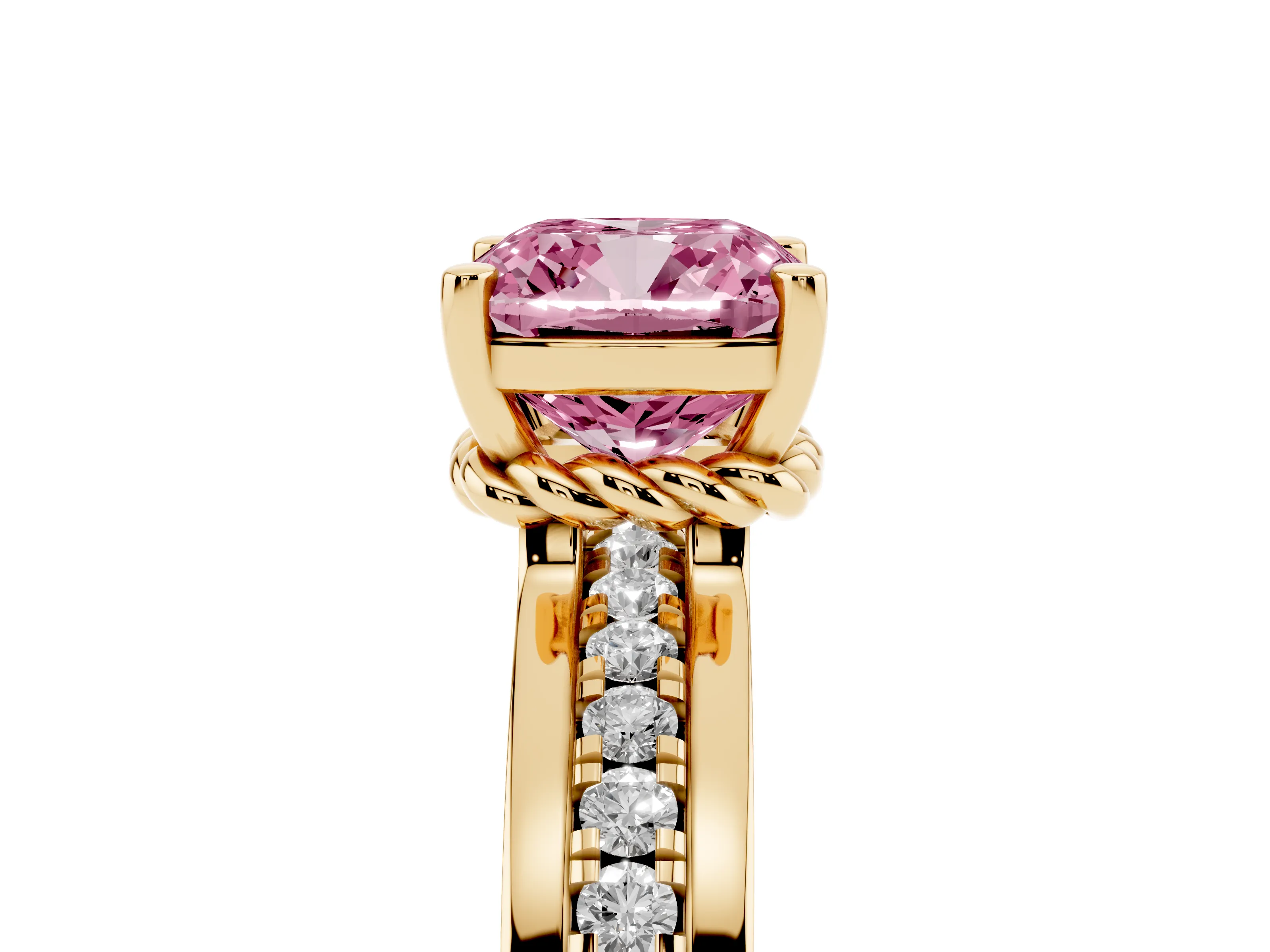 Fancy Pink Cushion Cut Diamond Solitaire Ring Set in Yellow gold with Channel Set Band and Prong Setting
