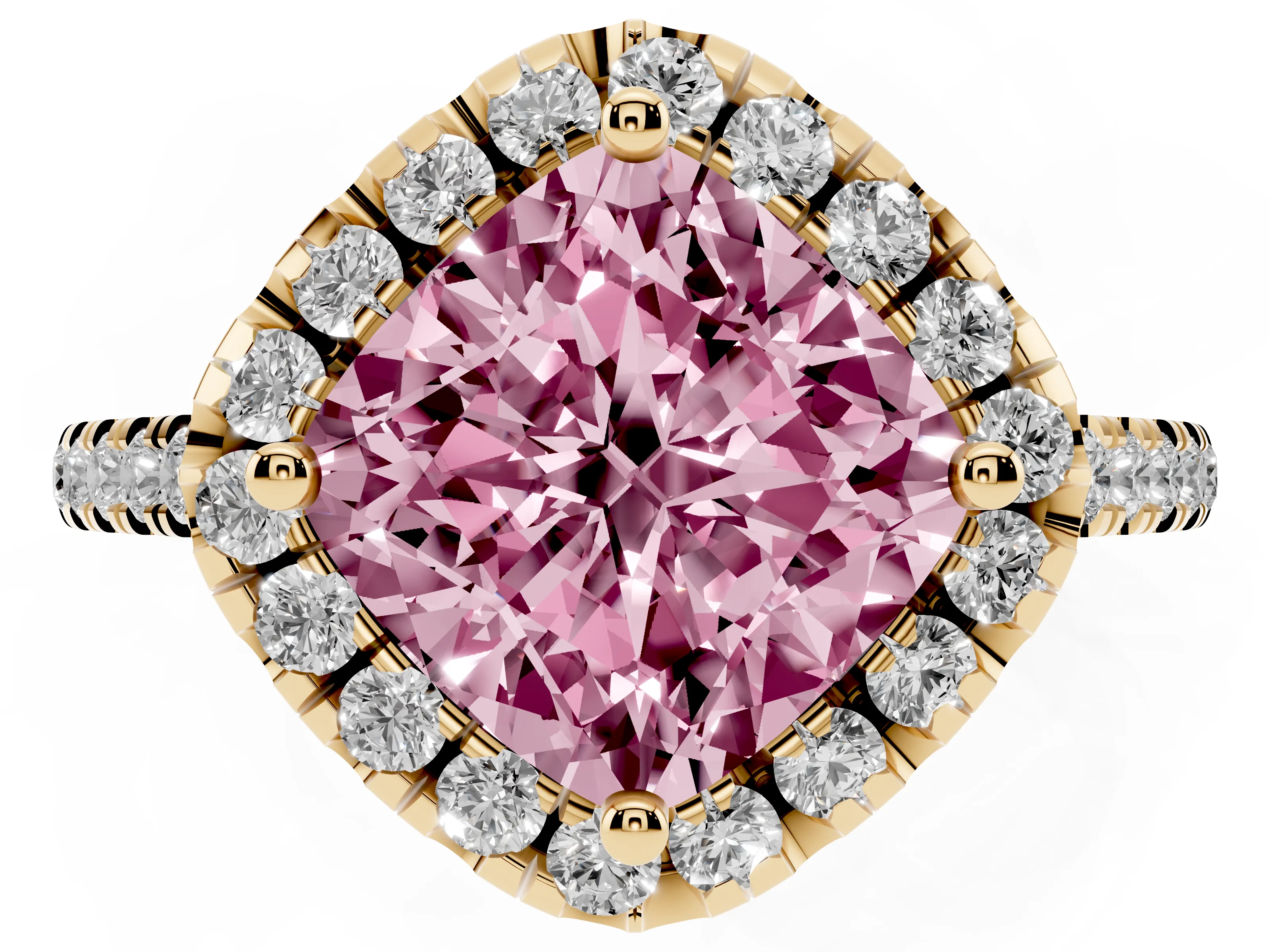Fancy Pink Cushion Cut Diamond Cushion Halo Ring Set in Yellow gold with Pavé Band
