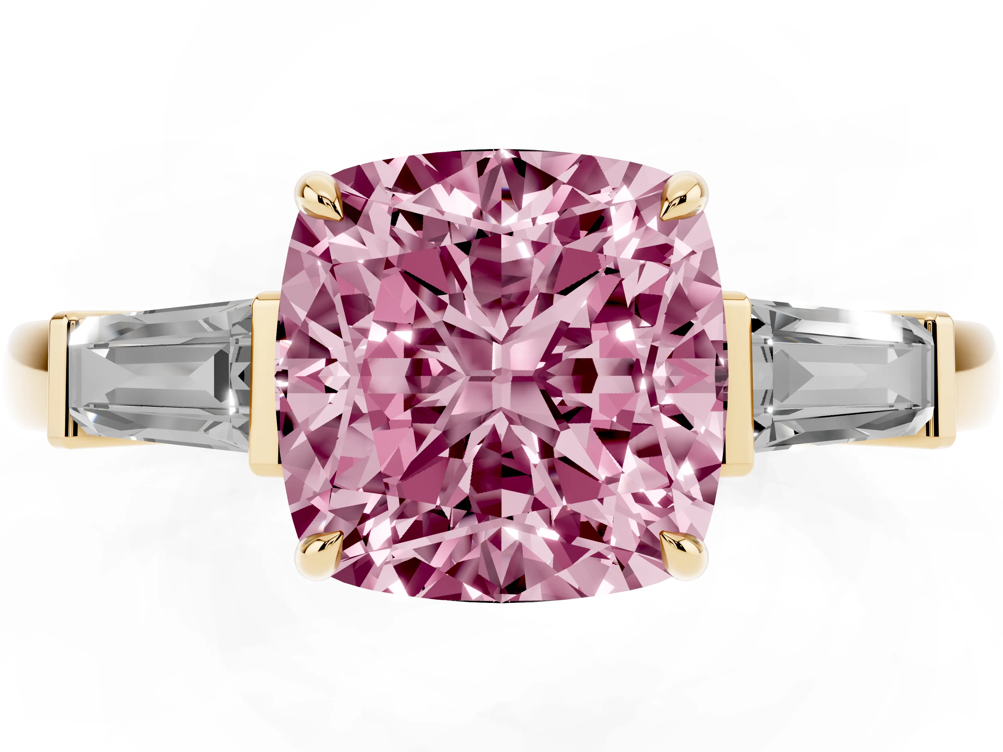 Fancy Pink Cushion Cut Diamond Three-Stone Ring Set in Yellow gold with Tapered Baguette Side Stones and Prong Setting