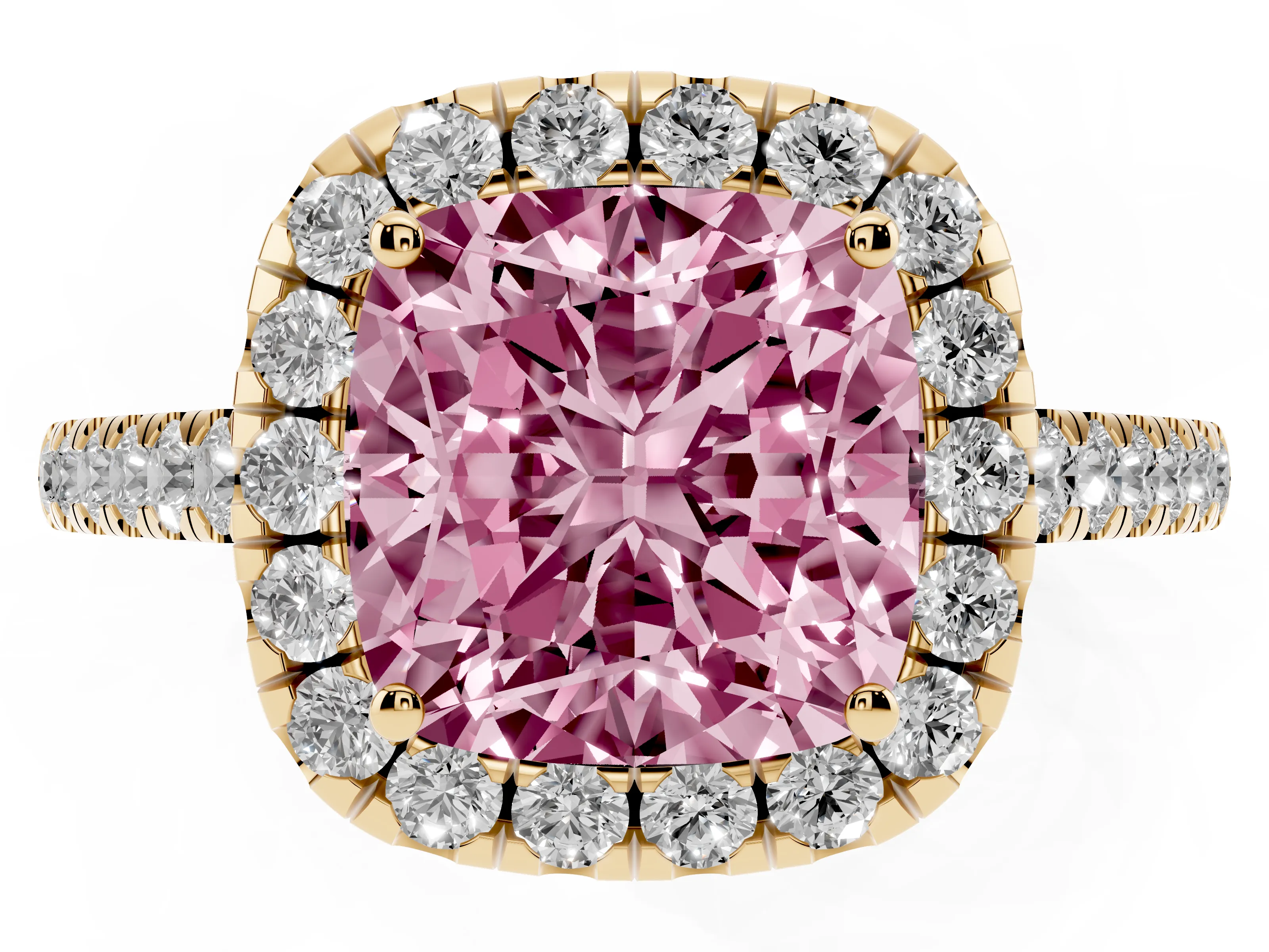 Fancy Pink Cushion Cut Diamond Halo Pavé Engagement Ring Set in Yellow gold with Prong Setting