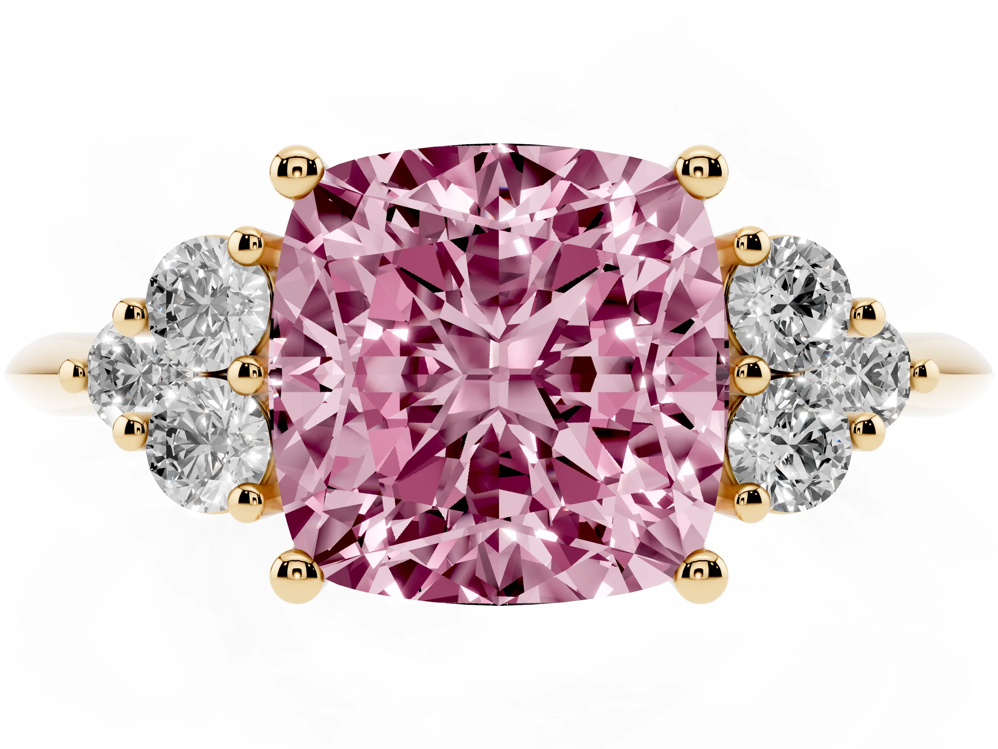 Fancy Pink Cushion Cut Diamond Cluster Ring Set in Yellow gold with Plain Band and Prong Setting