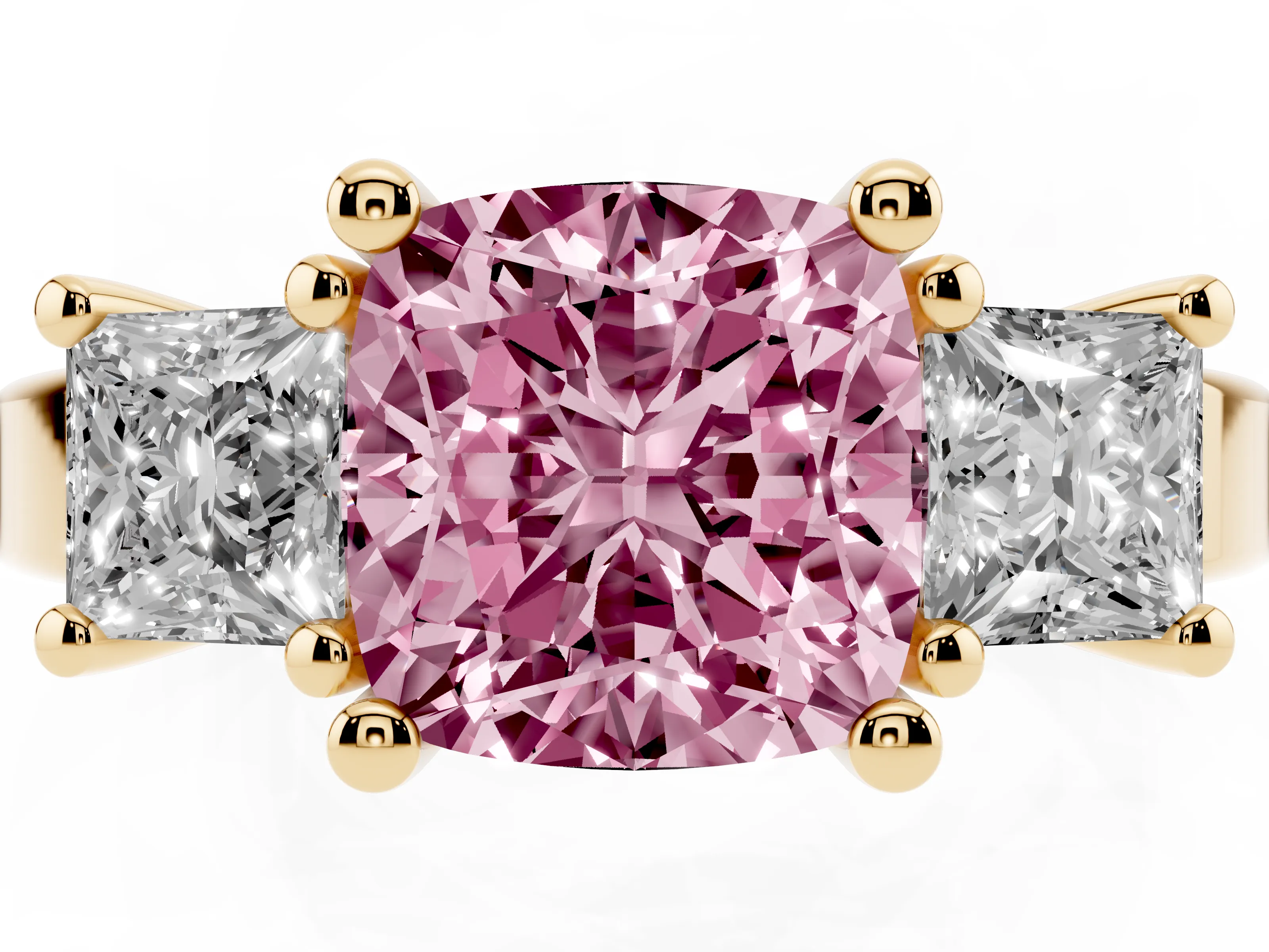 Fancy Pink Three-Stone Cushion Cut Diamond Solitaire Ring Set in Yellow gold with Prong Setting