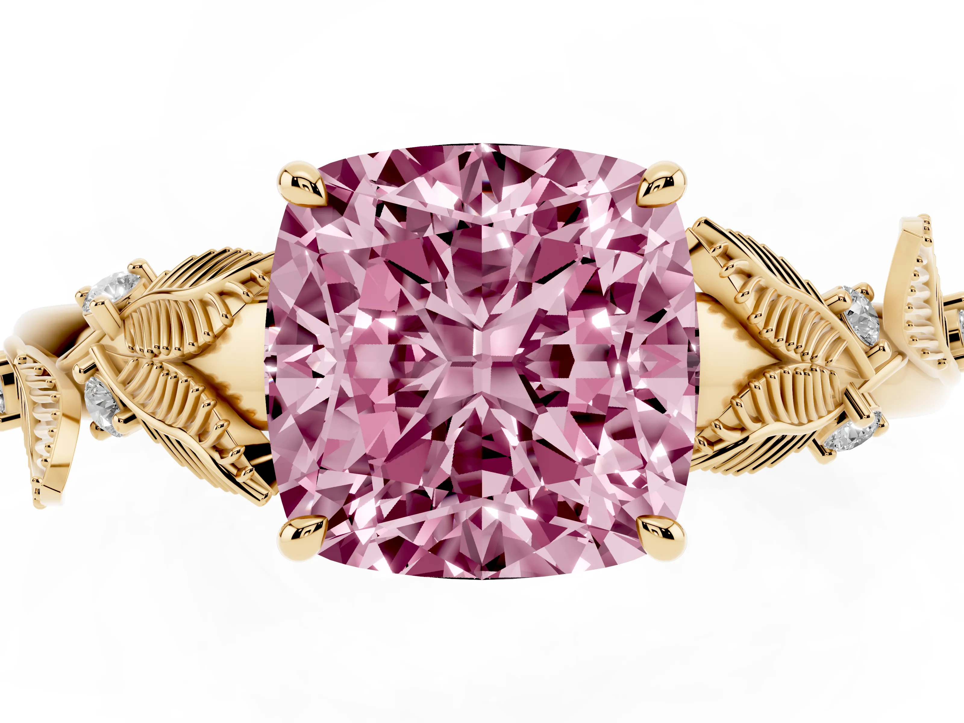 Fancy Pink Cushion Cut Diamond Solitaire Ring Set in Yellow gold with Leaf Motif Band