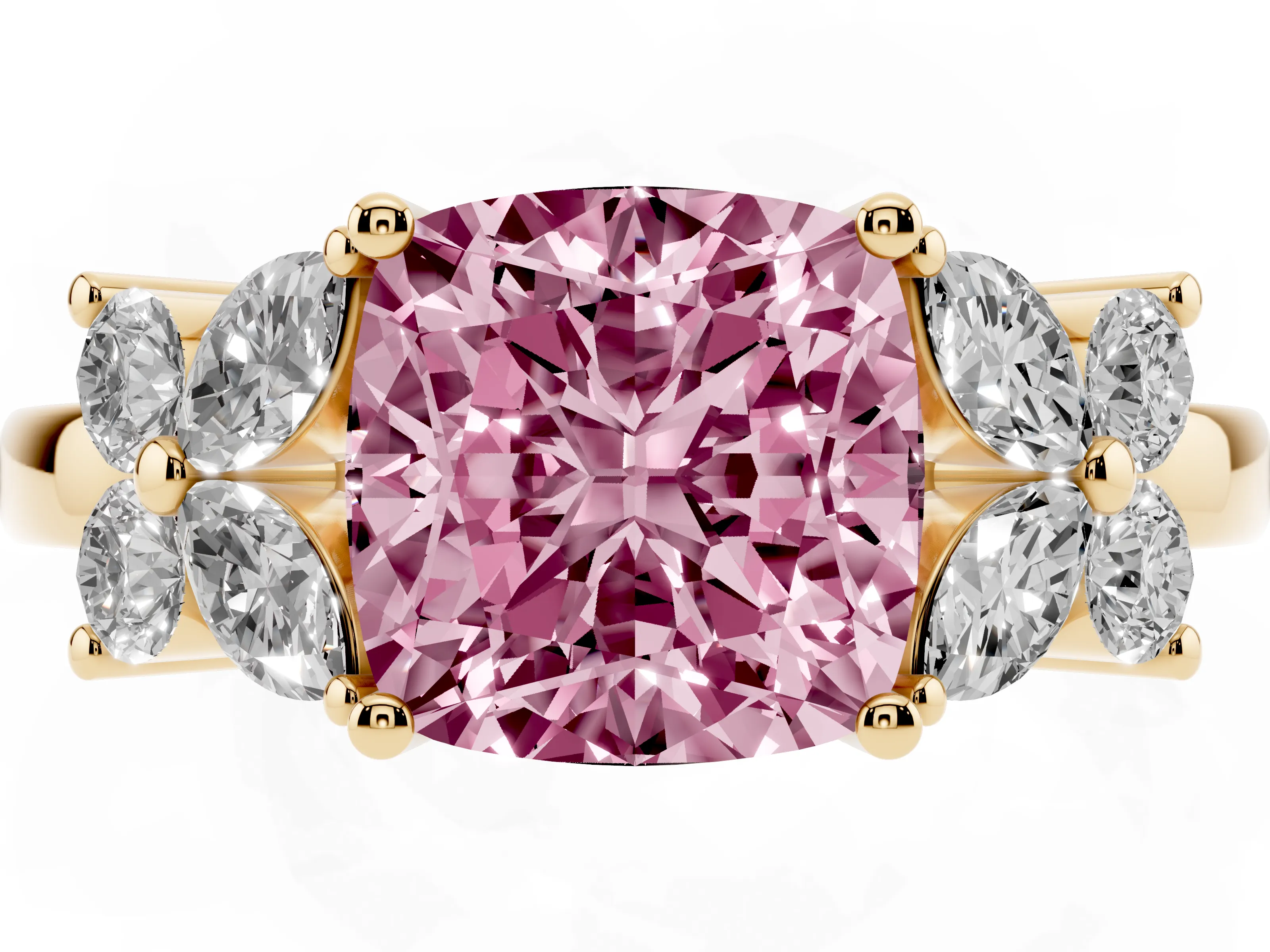 Fancy Pink Cushion Cut Diamond Floral Cluster Ring Set in Yellow gold with Marquise Petals and Prong Setting