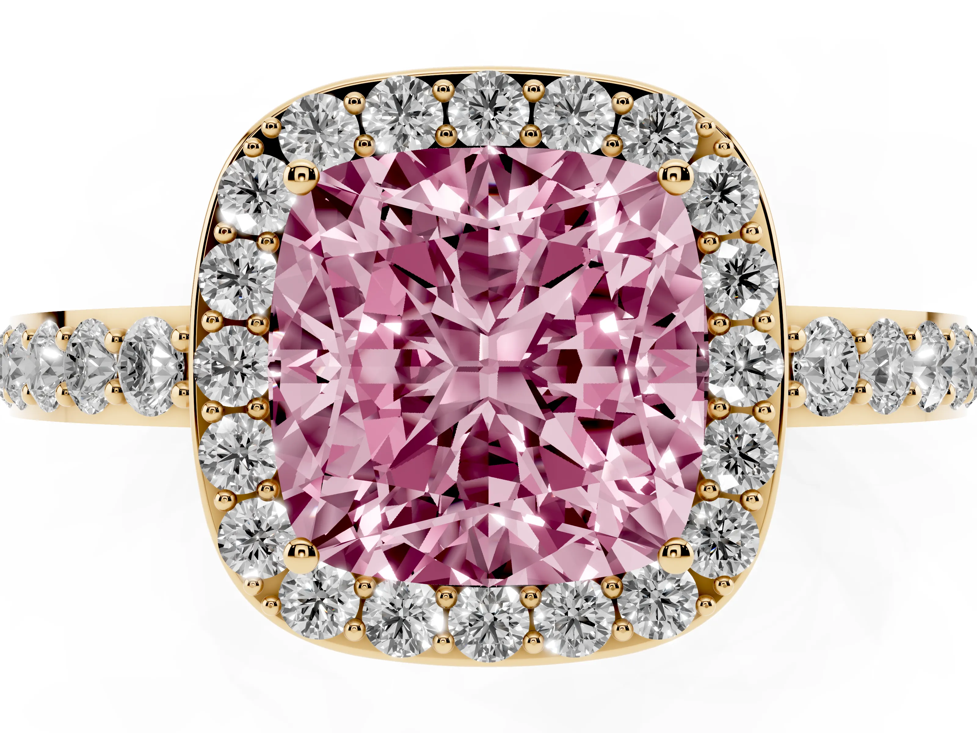 Fancy Pink Cushion Cut Diamond Halo Ring Set in Yellow gold with Pavé-Setting Band and Open Prong Center