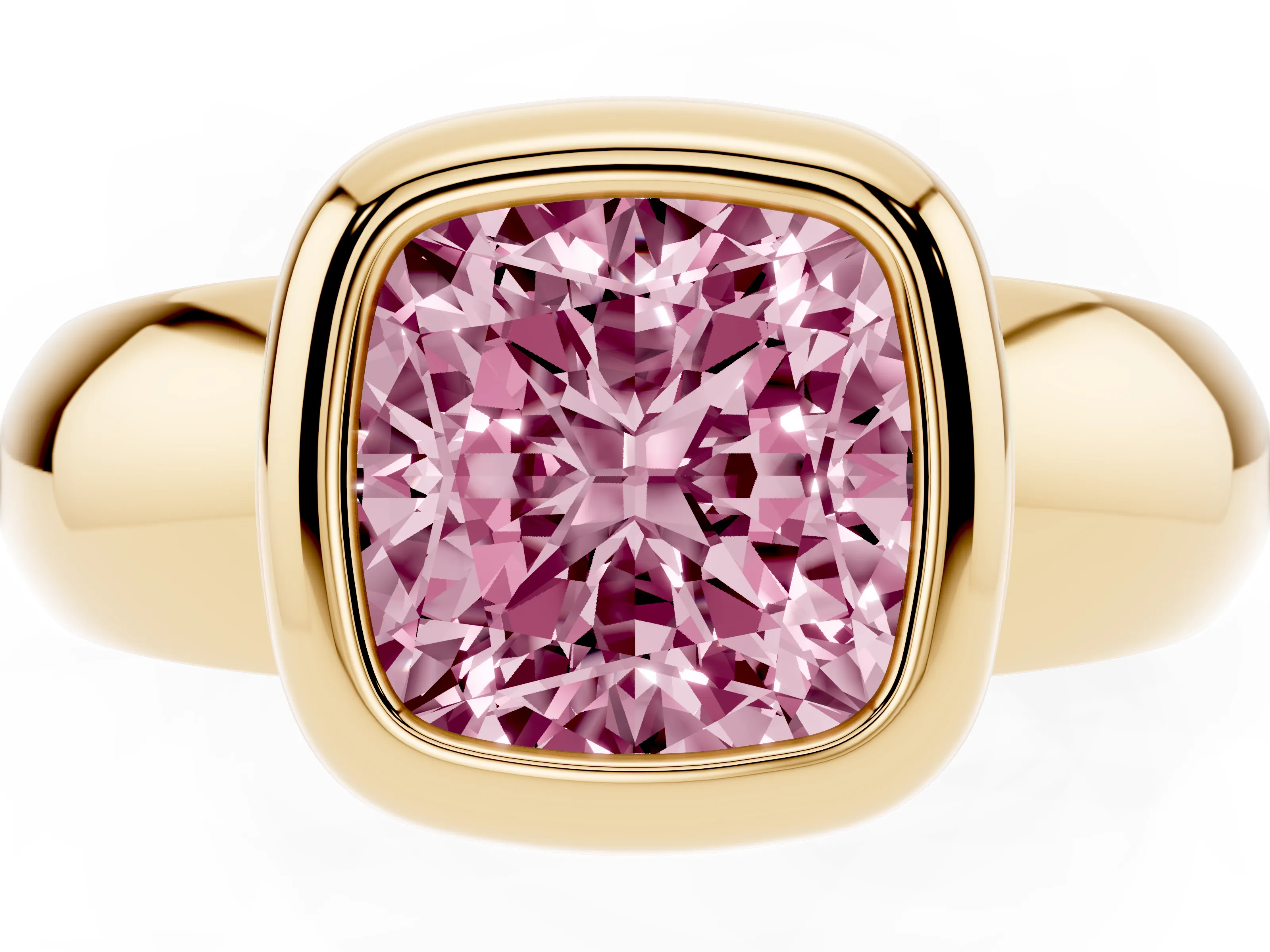 Fancy Pink Bezel Set Cushion Cut Diamond Solitaire Ring Set in Yellow gold with Wide Band