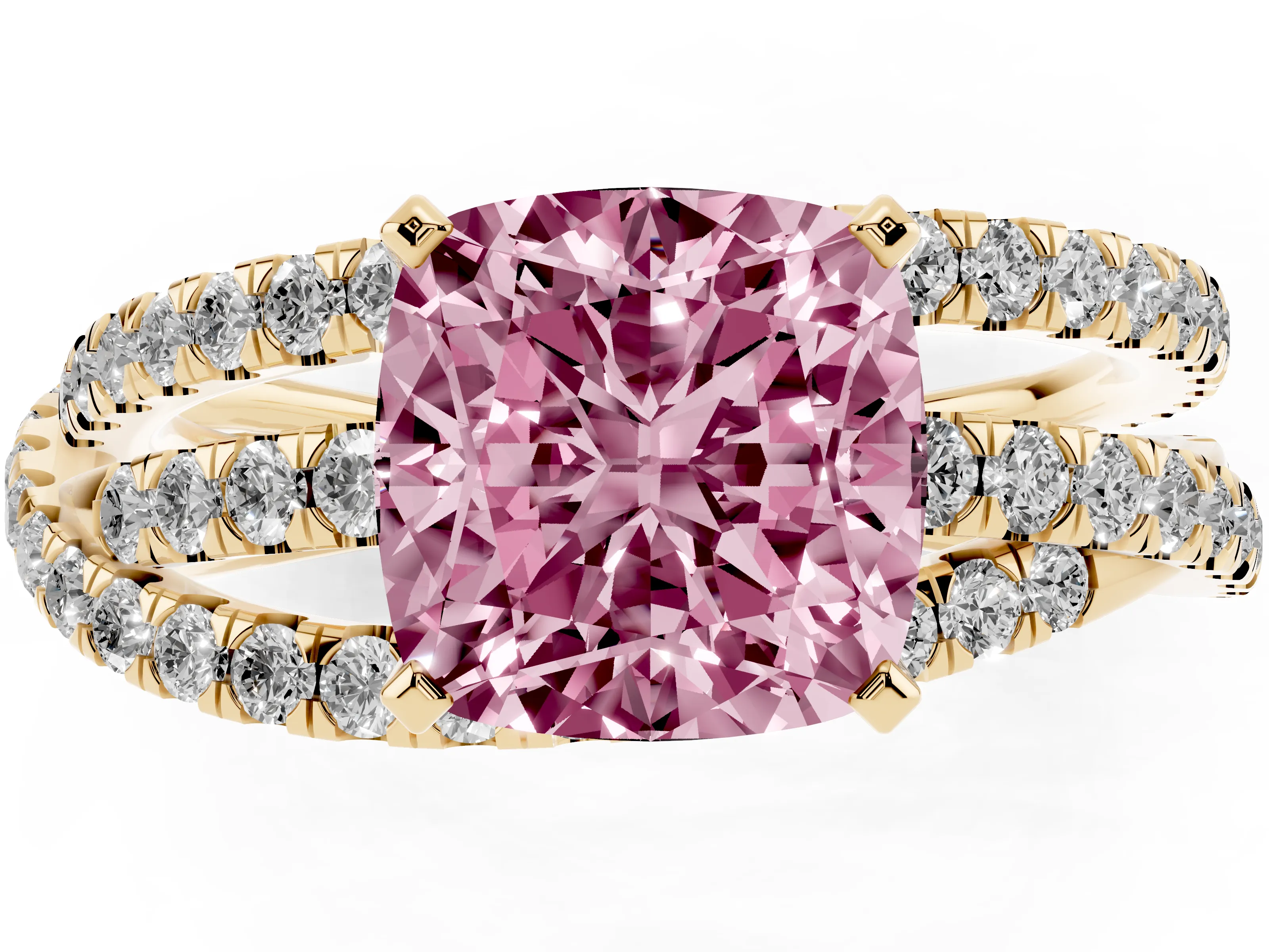 Fancy Pink Cushion Cut Diamond Solitaire Twist Band Ring Set in Yellow gold with Pavé Setting and Prong Head