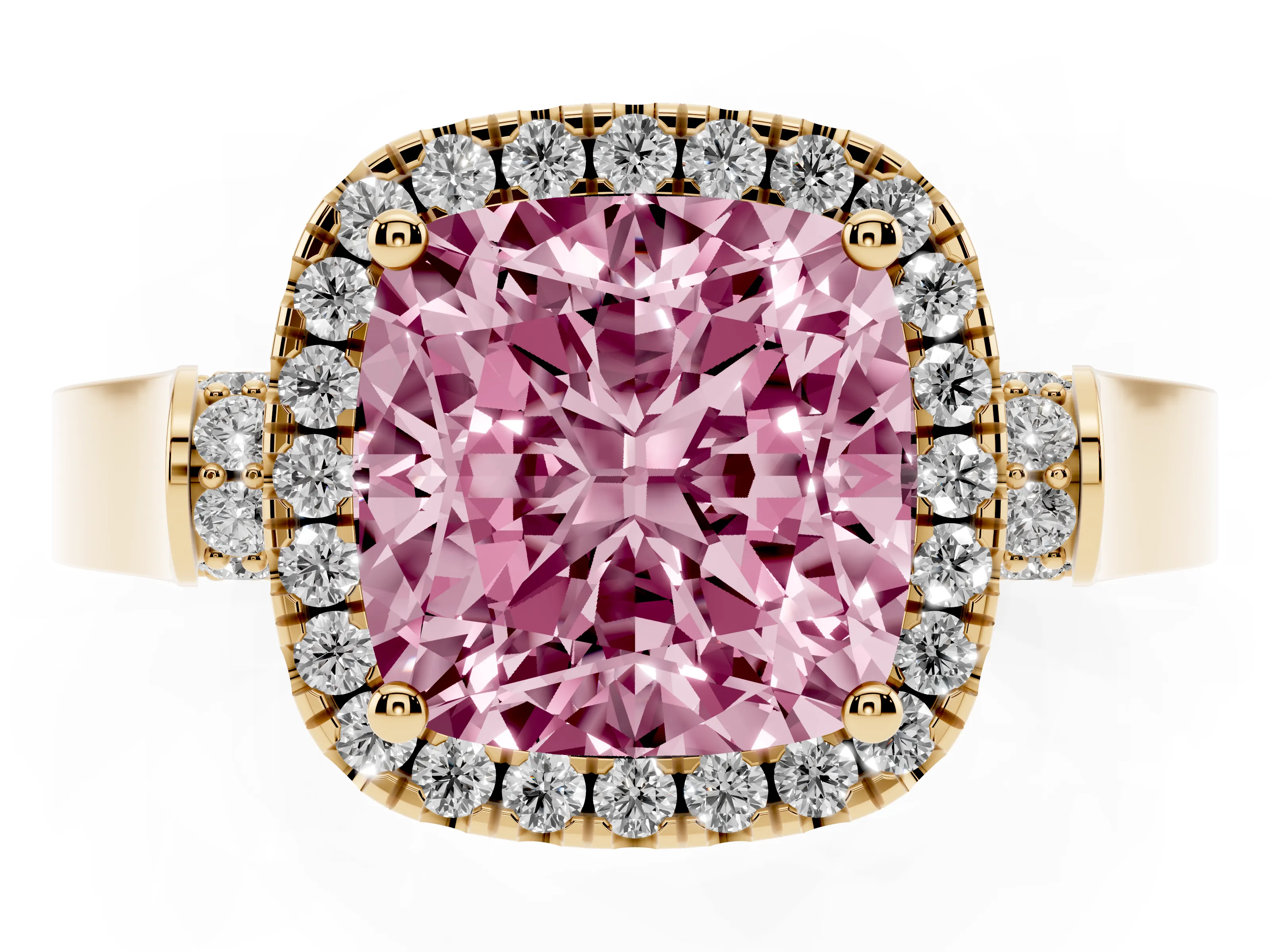 Fancy Pink Cushion Cut Diamond Halo Ring Set in Yellow gold with Pavé-Lined Split Shank Band