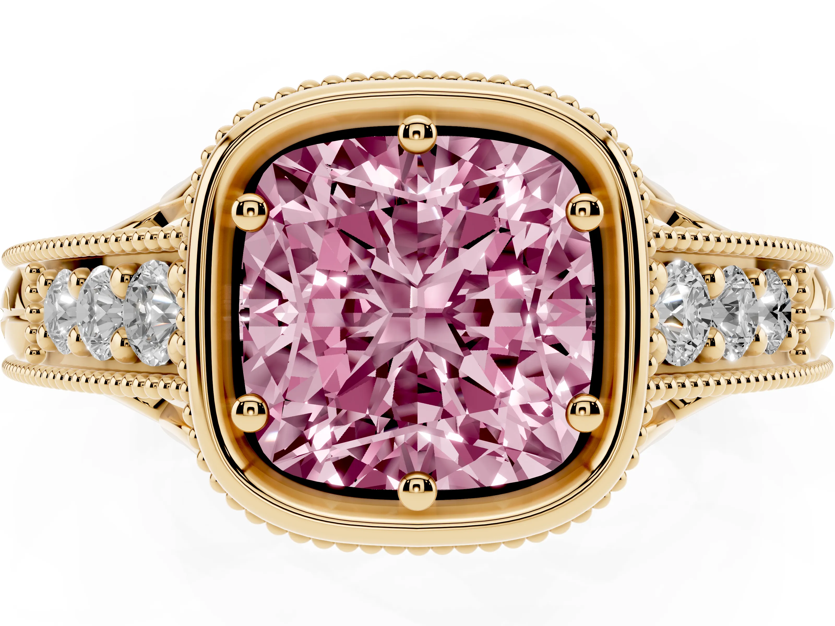 Fancy Pink Bezel Set Cushion Cut Diamond Milgrain Pavé Engagement Ring Set in Yellow gold