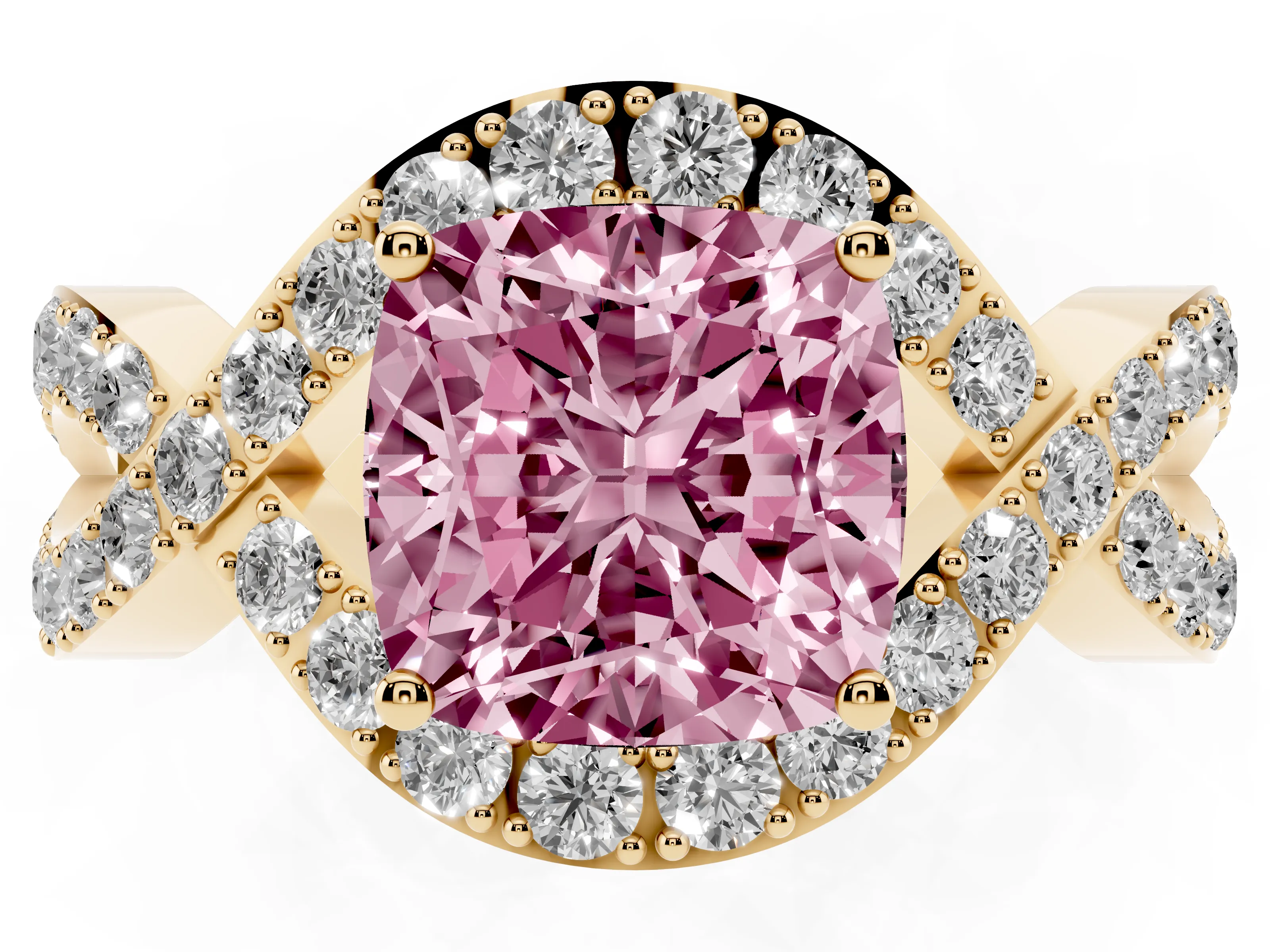 Fancy Pink Cushion Cut Diamond Solitaire Twist Band Pavé Engagement Ring Set in Yellow gold