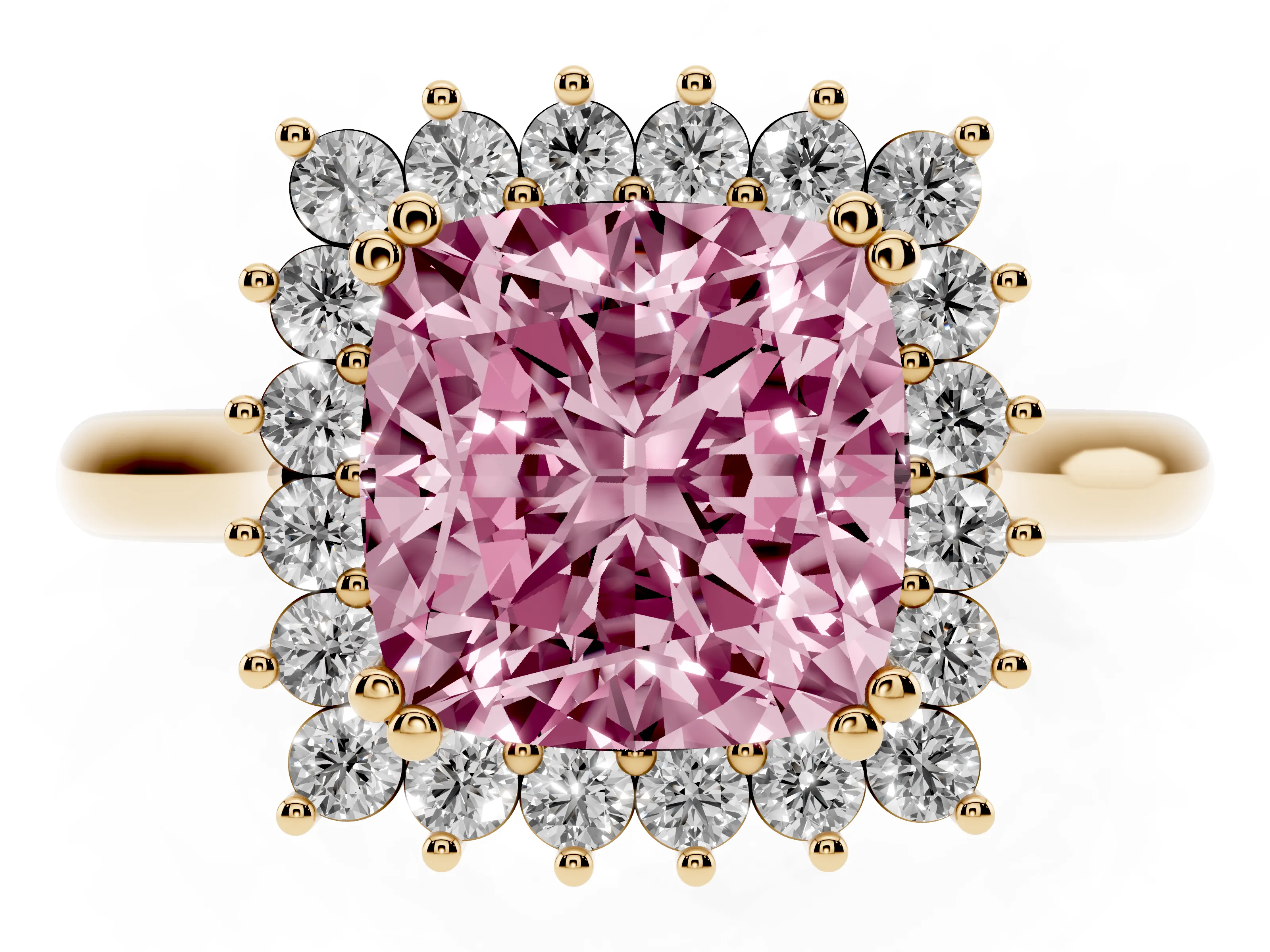 Fancy Pink Cushion Cut Diamond Halo Ring Set in Yellow gold with Plain Solitaire Band and Prong Setting