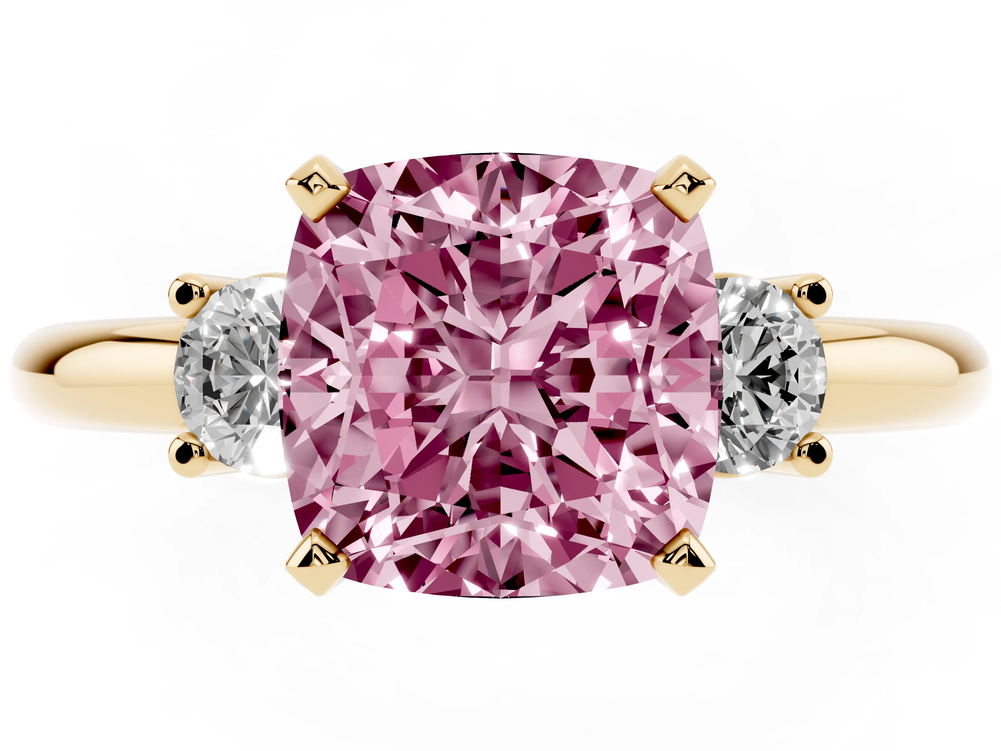 Fancy Pink Three-Stone Cushion Cut Diamond Ring Set in Yellow gold with Prong Setting and Plain Band