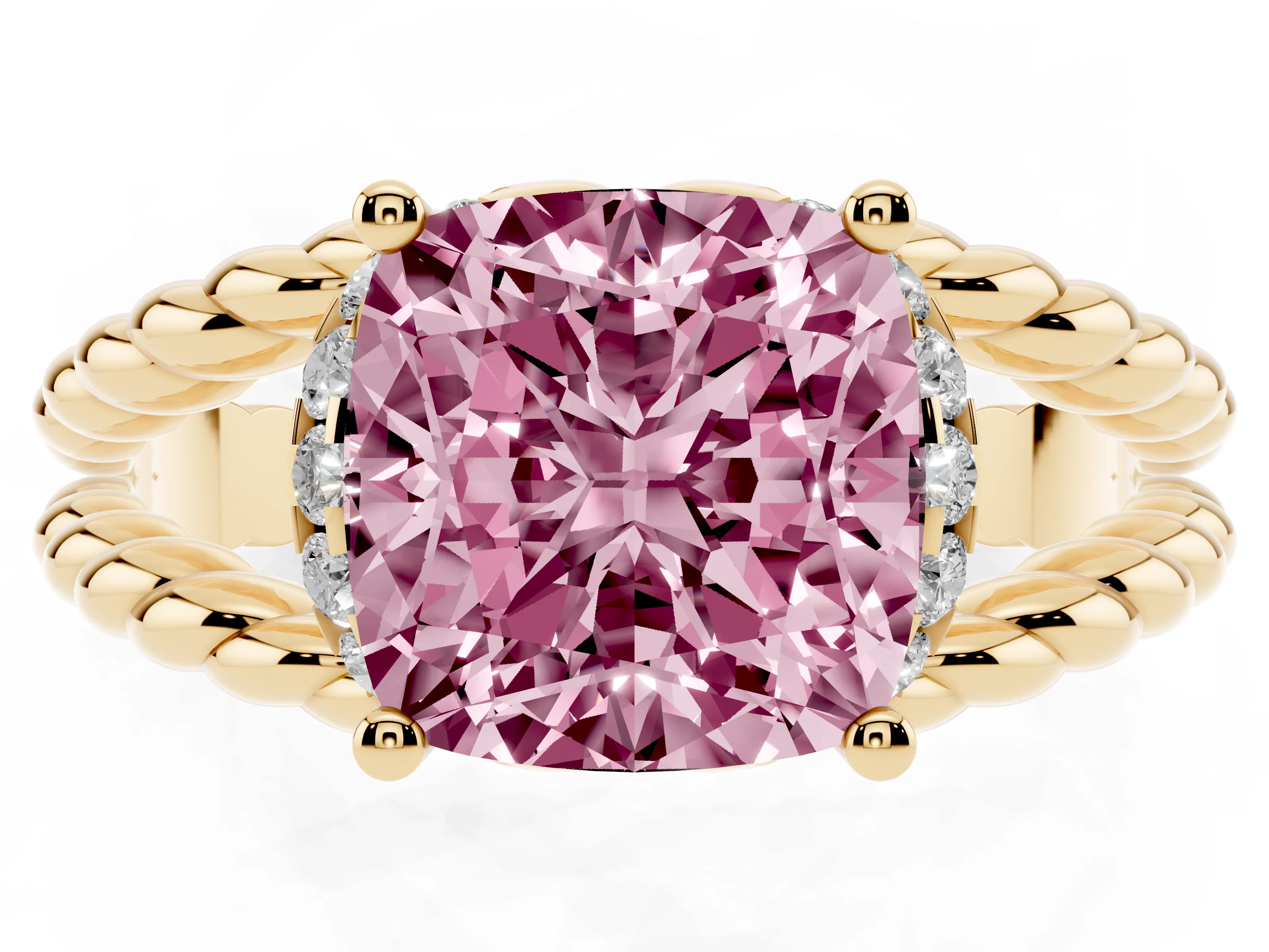 Fancy Pink Cushion Cut Diamond Halo Ring Set in Yellow gold with Twisted Band and Prong Setting