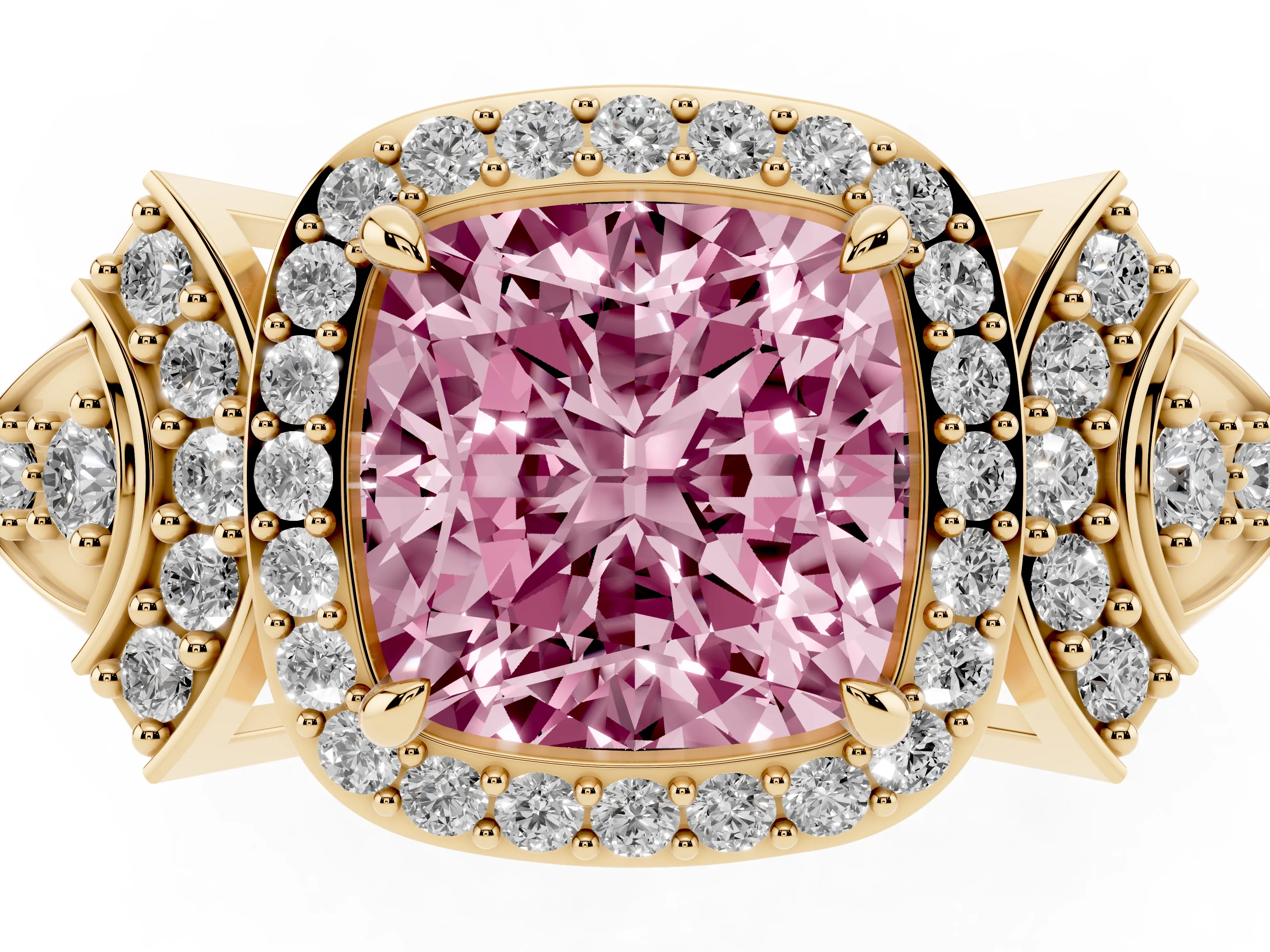 Fancy Pink Cushion Cut Diamond Halo Engagement Ring Set in Yellow gold with Accent Stone Split Shank