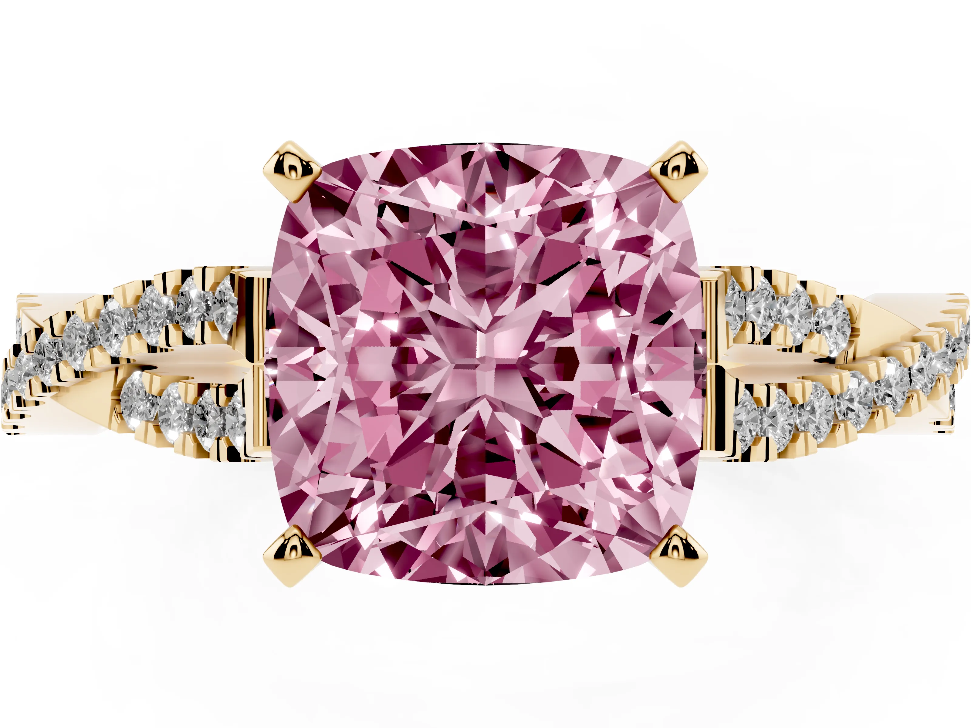 Fancy Pink Cushion Cut Diamond Solitaire Engagement Ring Set in Yellow gold with Twisted Pavé Band and Prong Setting