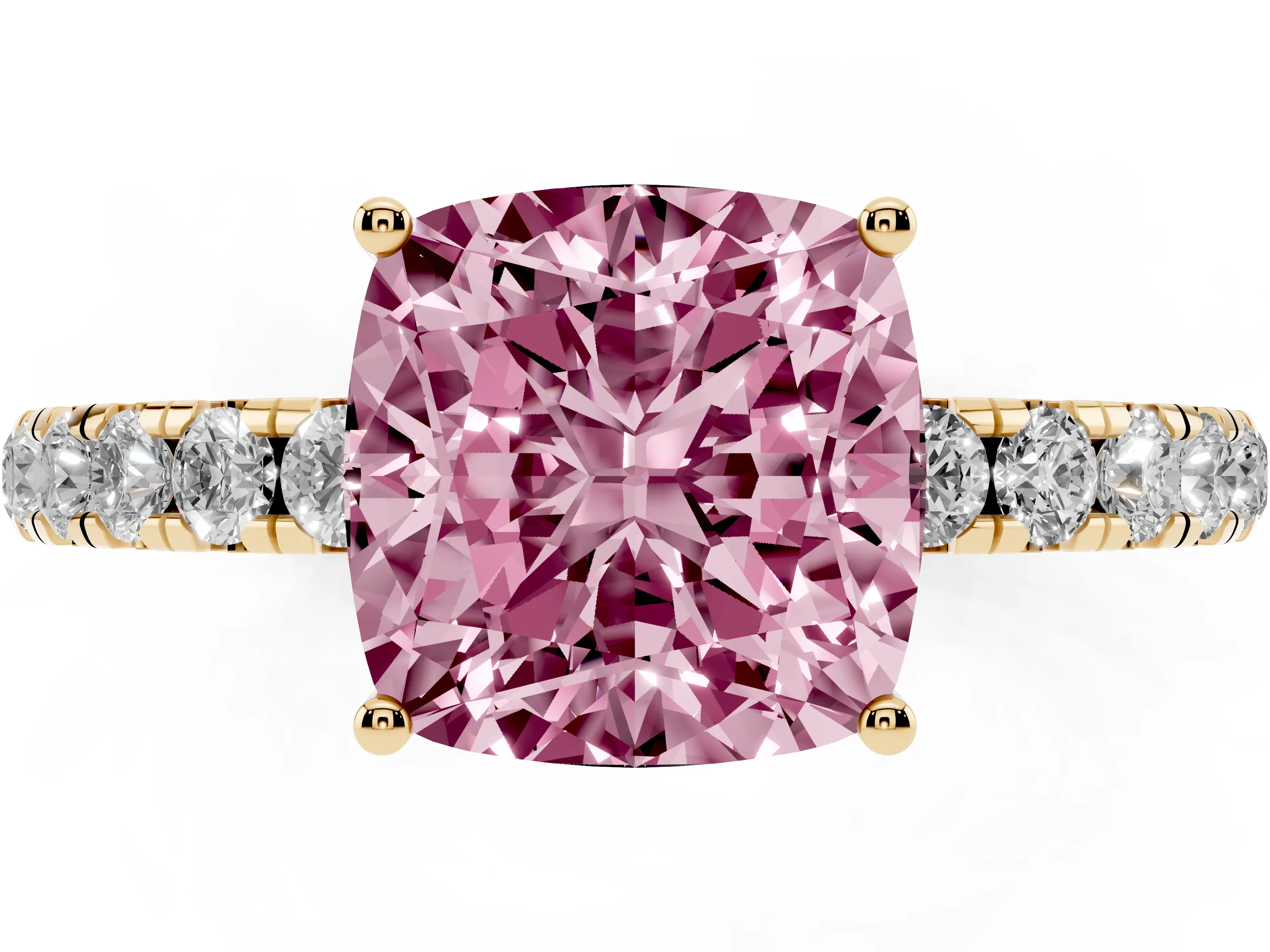 Fancy Pink Cushion Cut Diamond Pavé Solitaire Engagement Ring Set in Yellow gold with Prong Setting