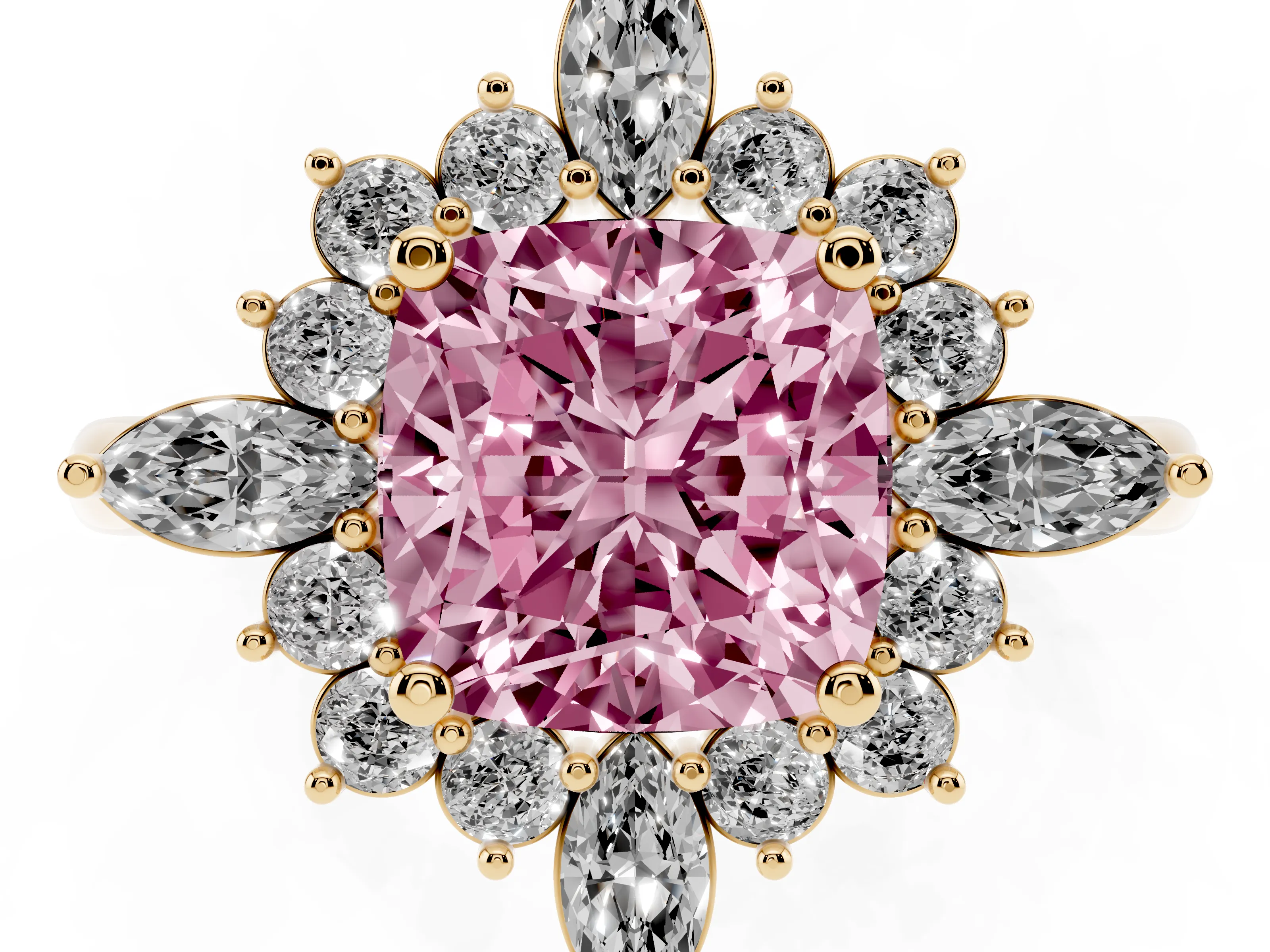 Fancy Pink Cushion Cut Diamond Cluster Halo Ring Set in Yellow gold with Marquise and Round Accents