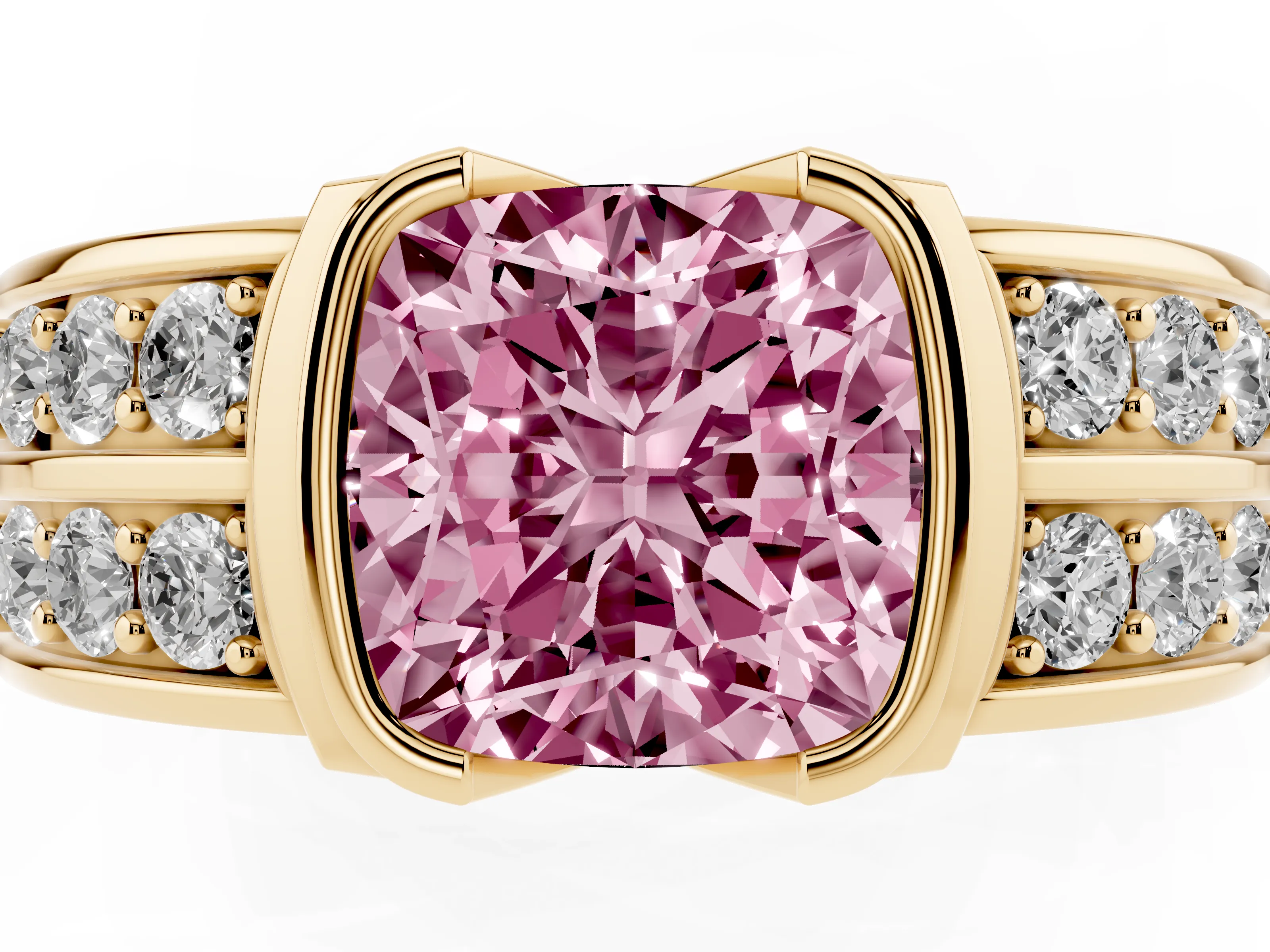 Fancy Pink Cushion Cut Diamond Wide Channel Set Band Ring Set in Yellow gold with Bezel Setting