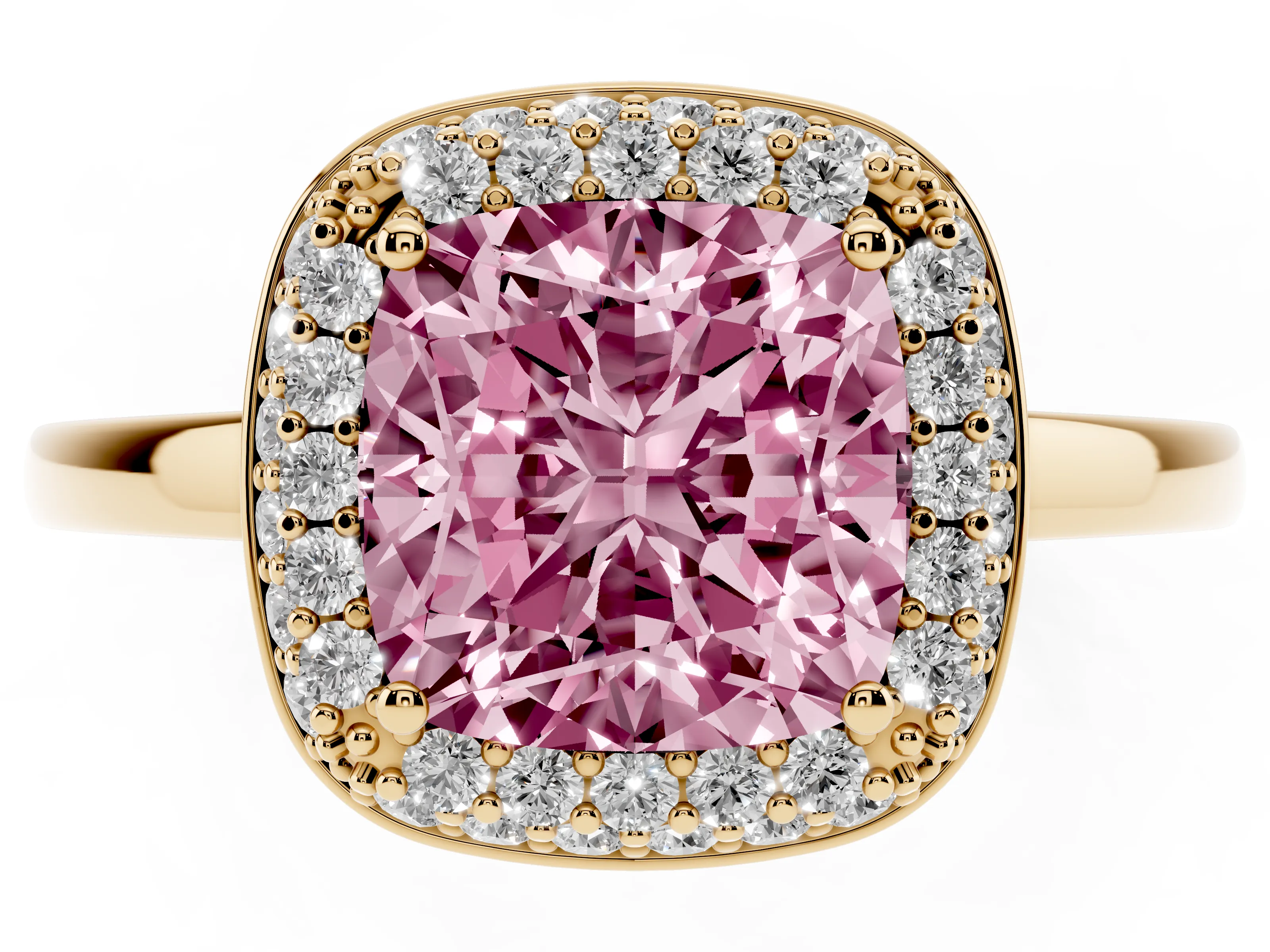 Fancy Pink Cushion Cut Diamond Halo Engagement Ring Set in Yellow gold with Solitaire Band and Prong Setting