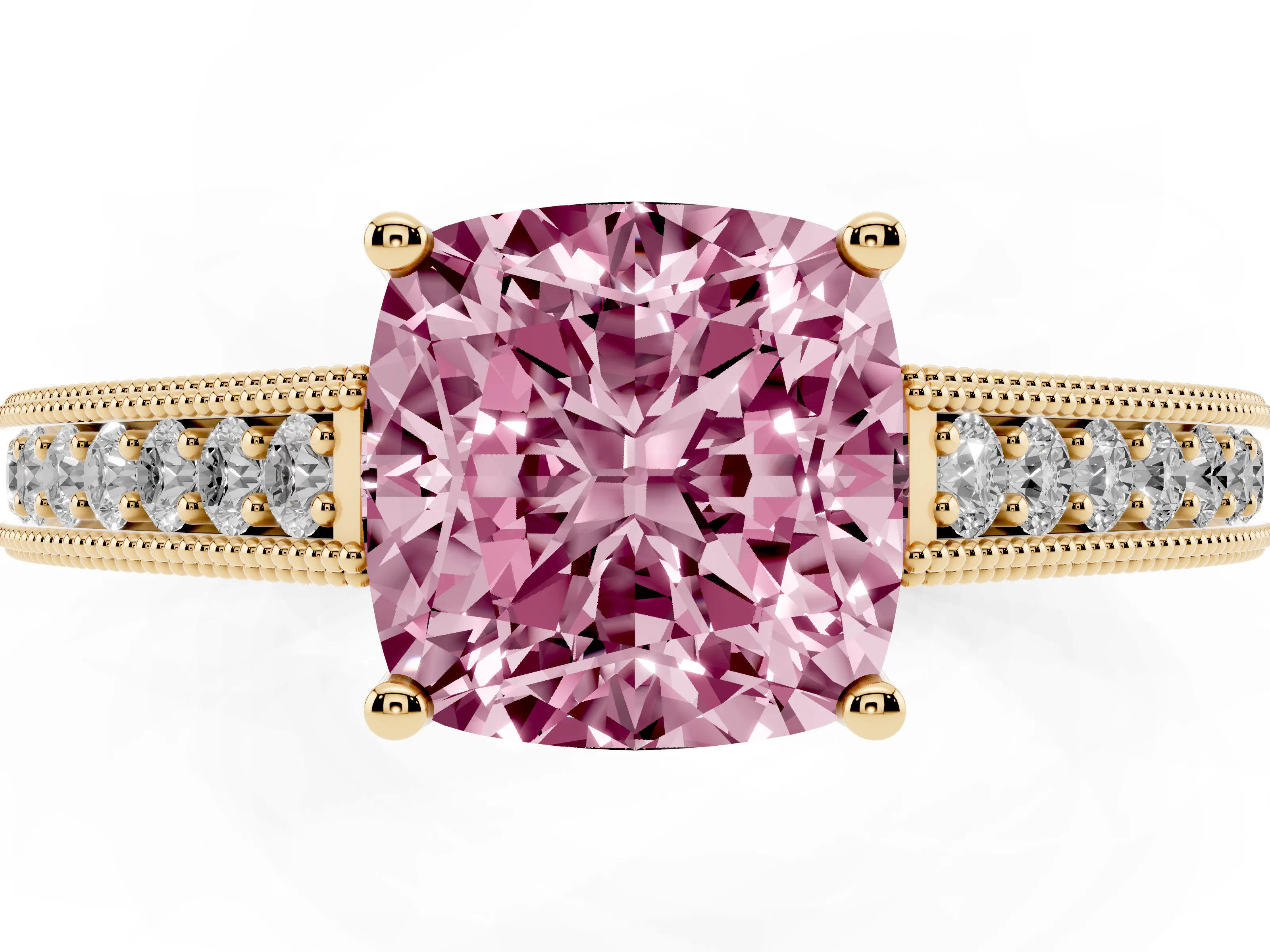 Fancy Pink Cushion Cut Diamond Milgrain Pavé Band Solitaire Ring Set in Yellow gold with Prong Setting
