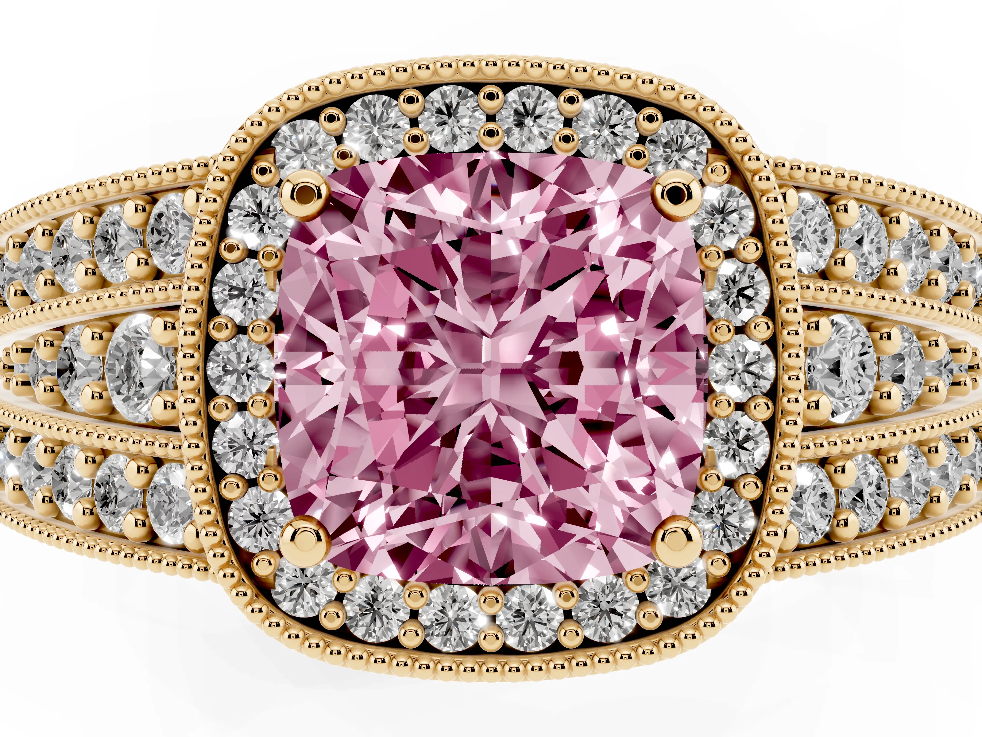 Fancy Pink Cushion Cut Diamond Halo Ring Set in Yellow gold with Accent Split Shank and Prong Setting