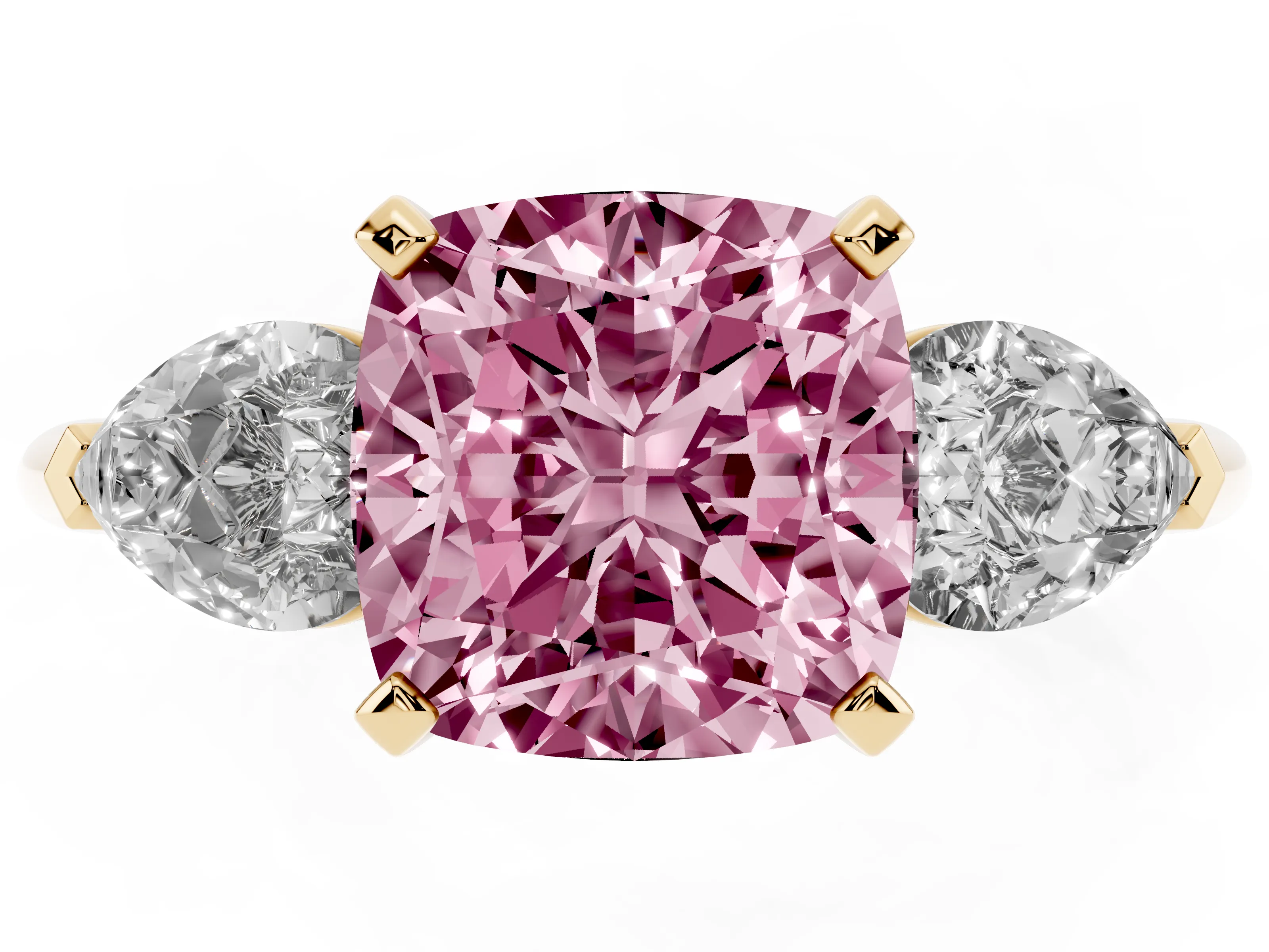 Fancy Pink Three-Stone Cushion Cut Diamond Ring Set in Yellow gold with Pear Side Stones and Prong Setting