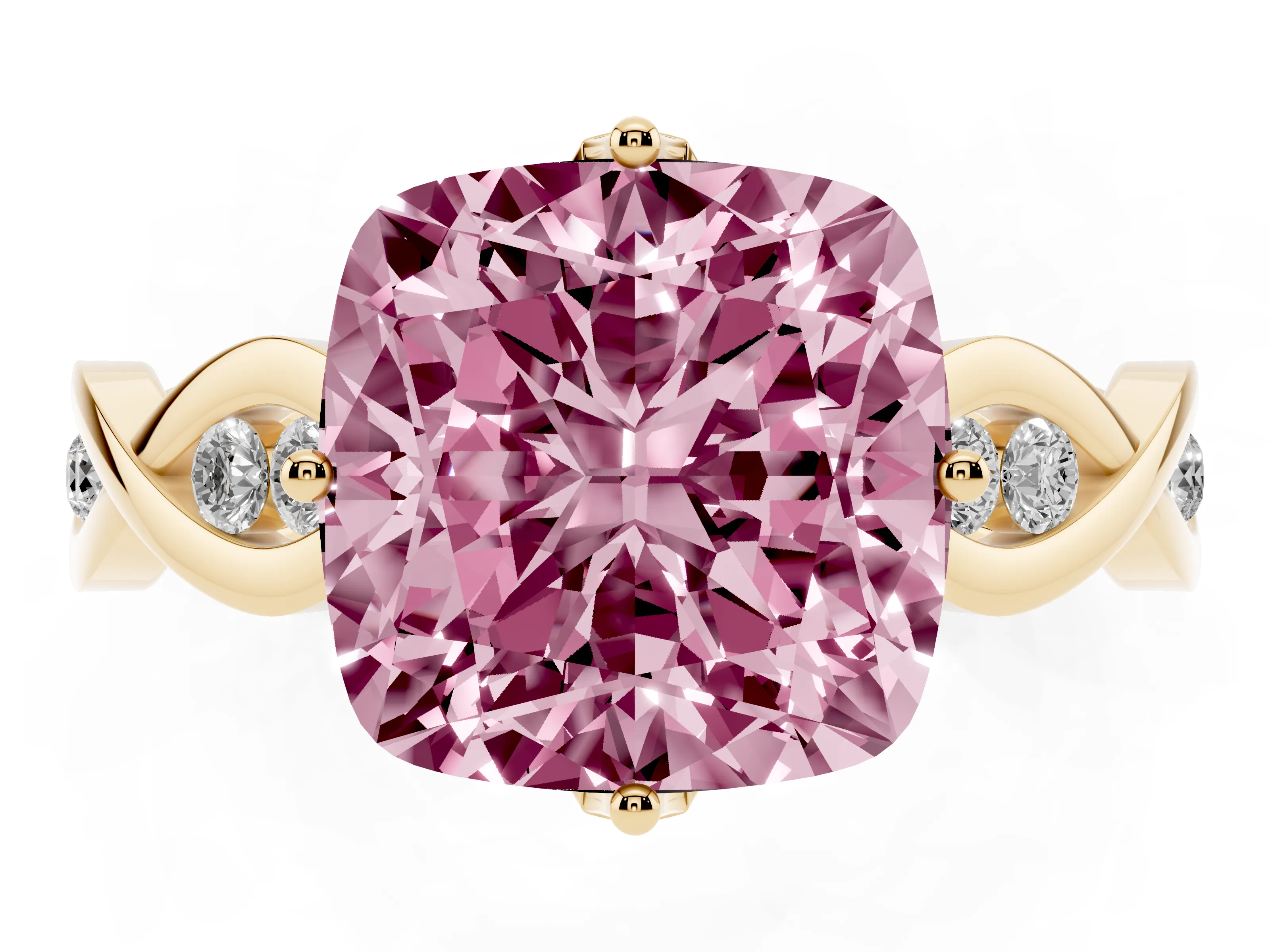 Fancy Pink Cushion Cut Diamond Twist Band Solitaire Ring Set in Yellow gold with Leaf Prong Setting and Accent Stones