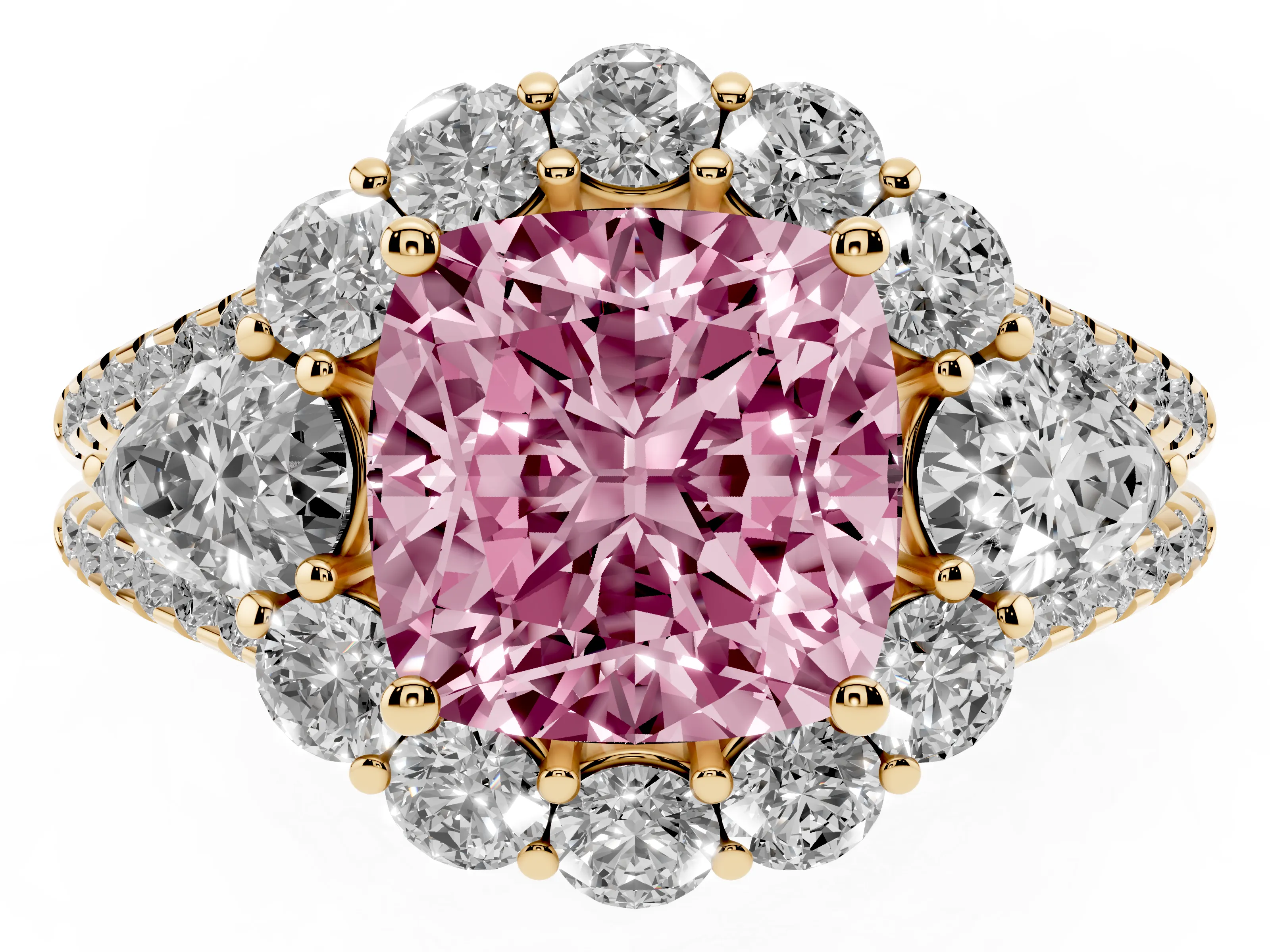 Fancy Pink Cushion Cut Diamond Halo Split Shank Engagement Ring Set in Yellow gold with Prong-Held Center Stone