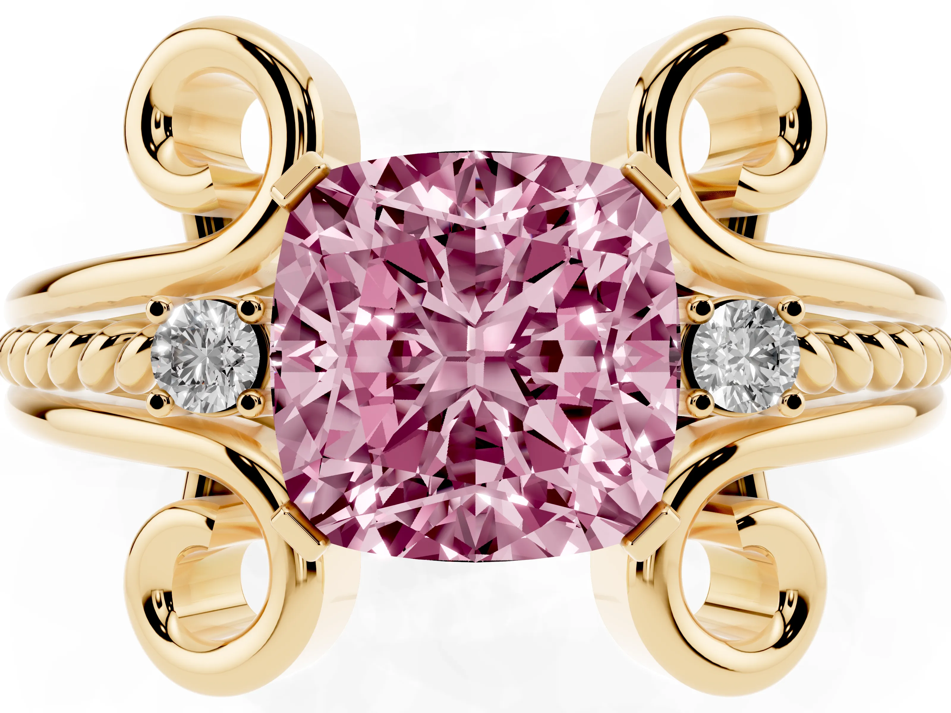 Fancy Pink Cushion Cut Diamond Twisted Band Solitaire Ring Set in Yellow gold with Scroll Prongs