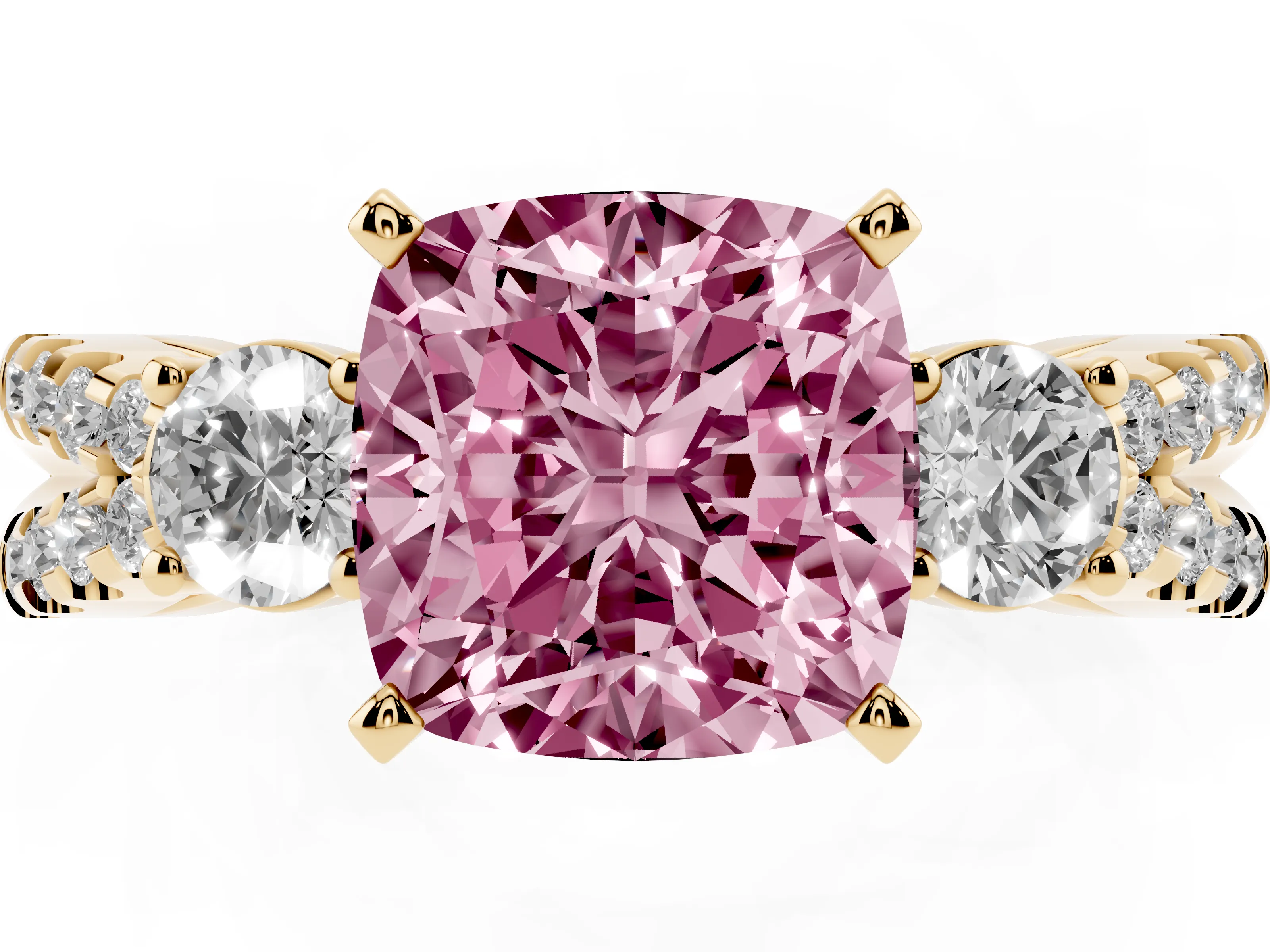 Fancy Pink Cushion Cut Diamond Three-Stone Ring Set in Yellow gold with Pavé Split Shank and Prong Setting