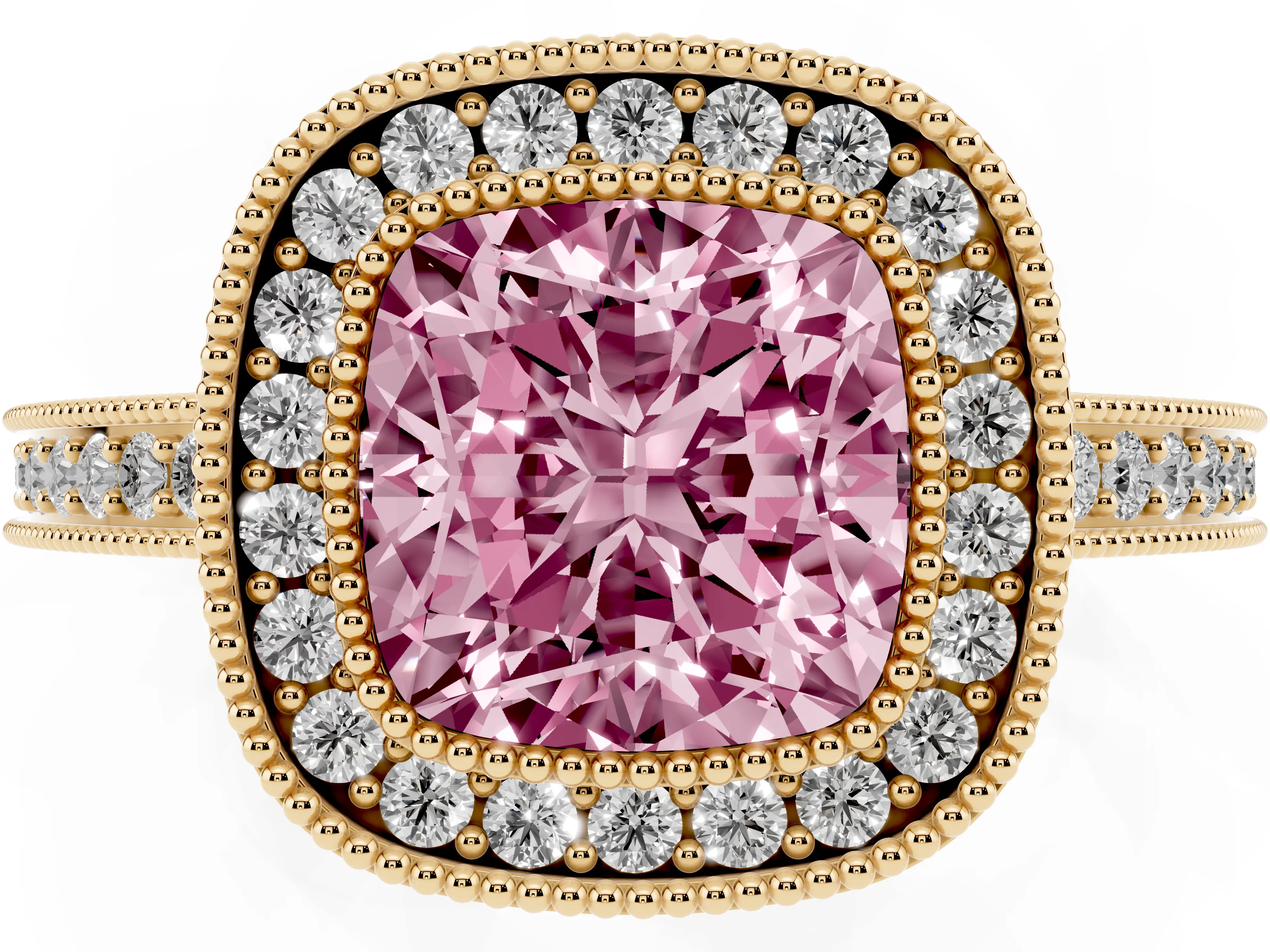 Fancy Pink Cushion Cut Diamond Round Halo Ring Set in Yellow gold with Pavé Band