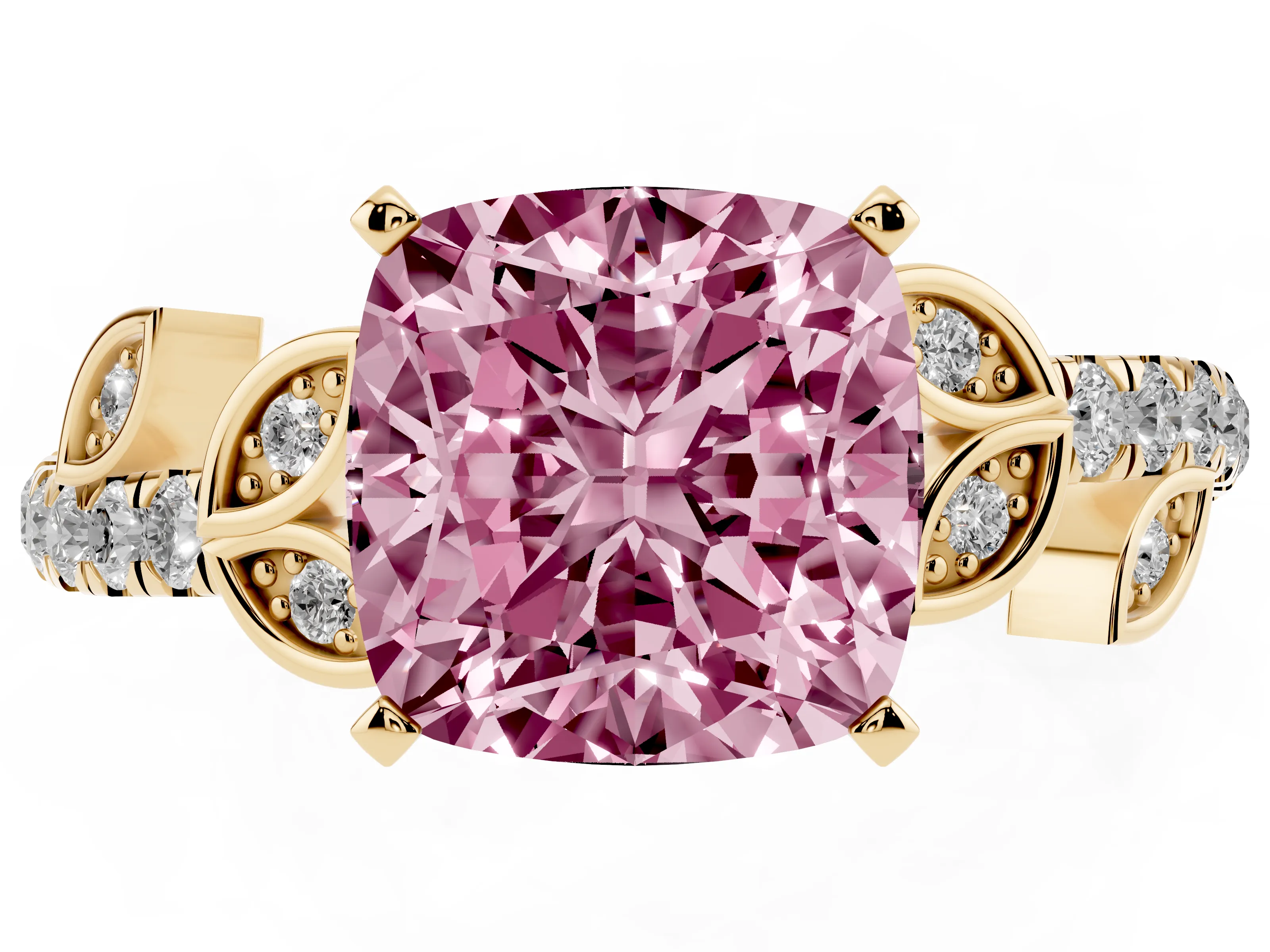 Fancy Pink Cushion Cut Diamond Solitaire Leaf-Inspired Ring Set in Yellow gold with Pavé Band and Prong Setting