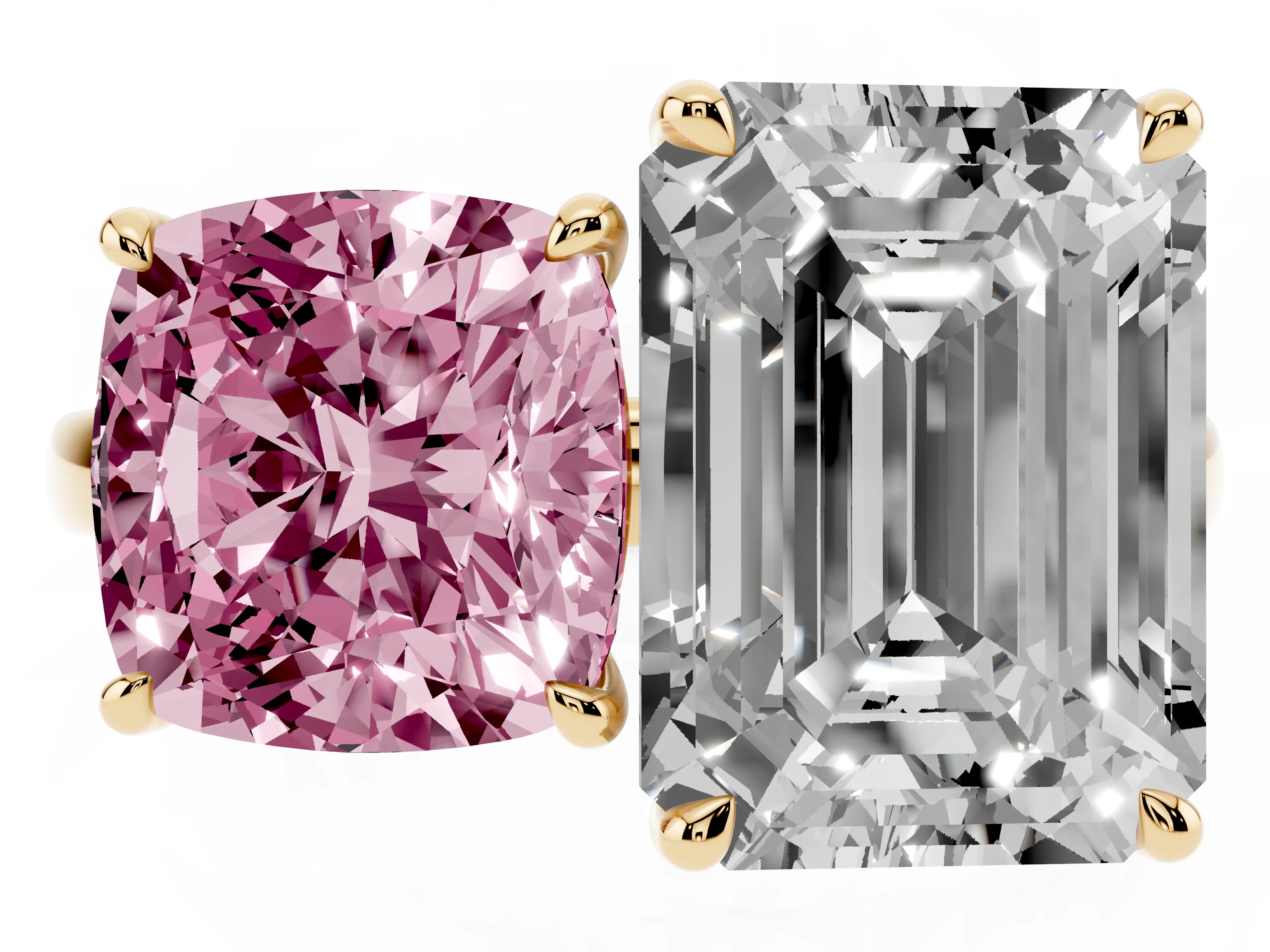 Fancy Pink Cushion Cut and Emerald Cut Toi Moi Ring Set in Yellow gold with Prong Setting