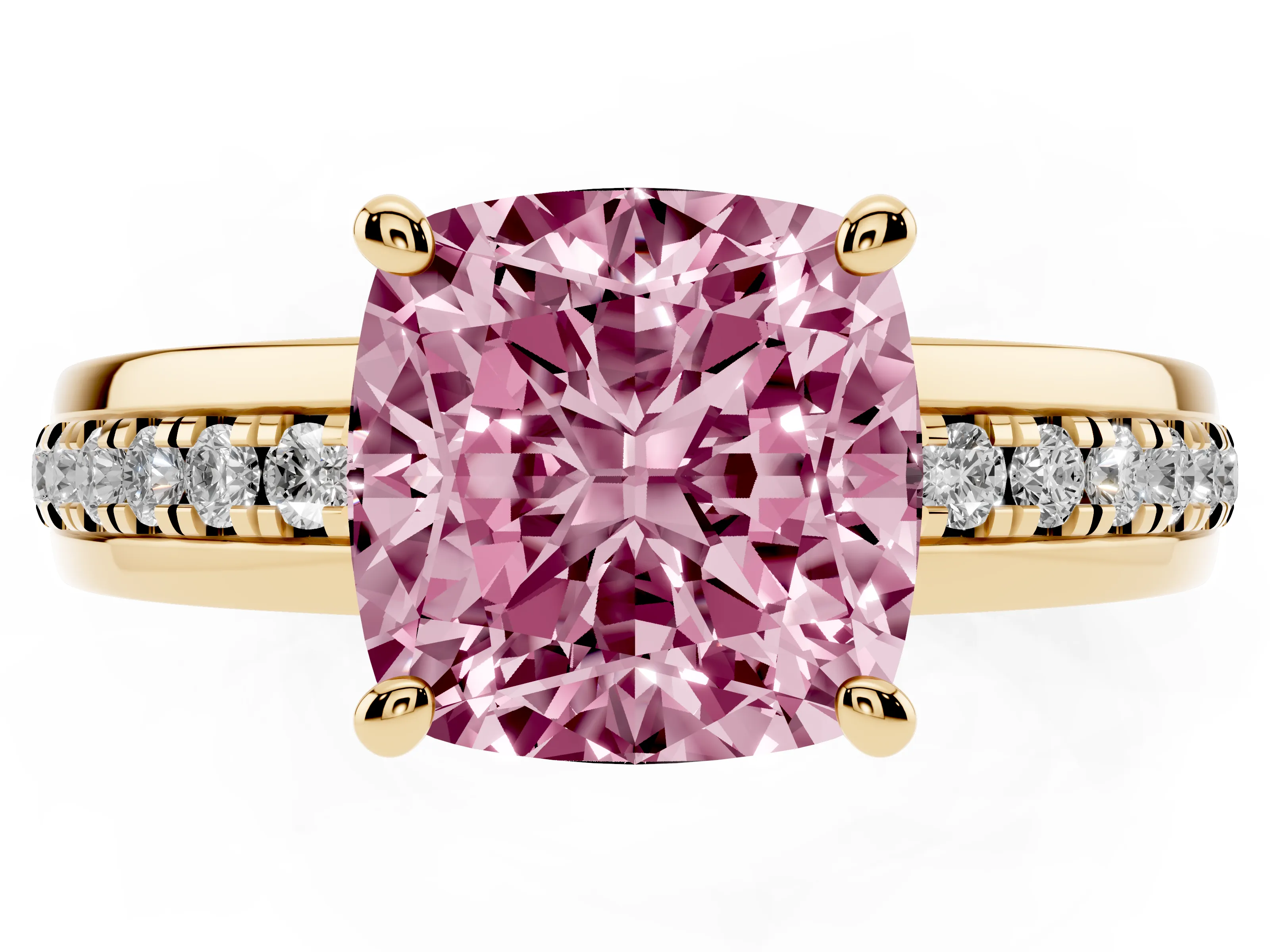 Fancy Pink Cushion Cut Diamond Solitaire Ring Set in Yellow gold with Channel Set Band and Prong Setting
